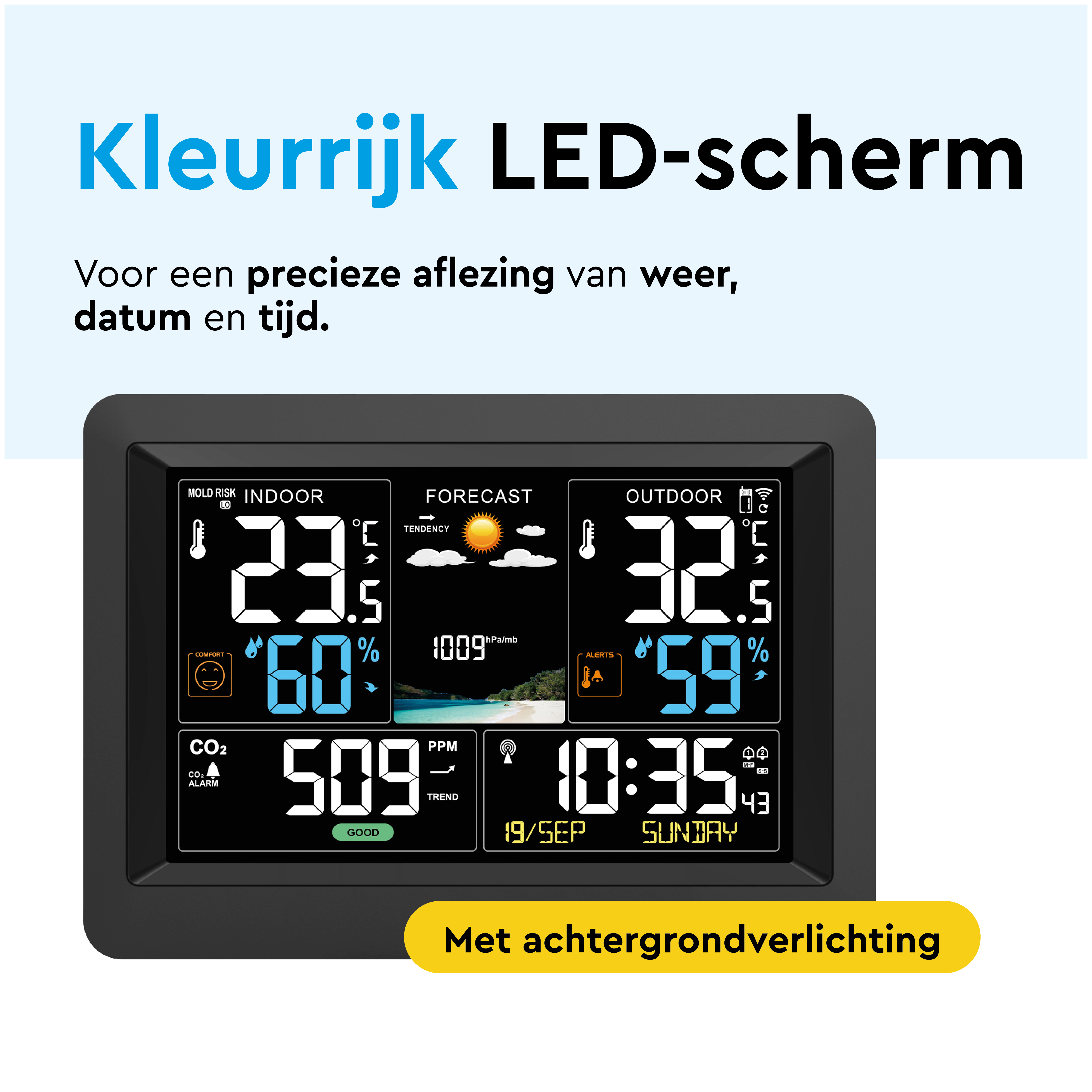 Digitaal weerstation: binnen 23,5°C, 60% vochtigheid, buiten 32,5°C, 59% vochtigheid.