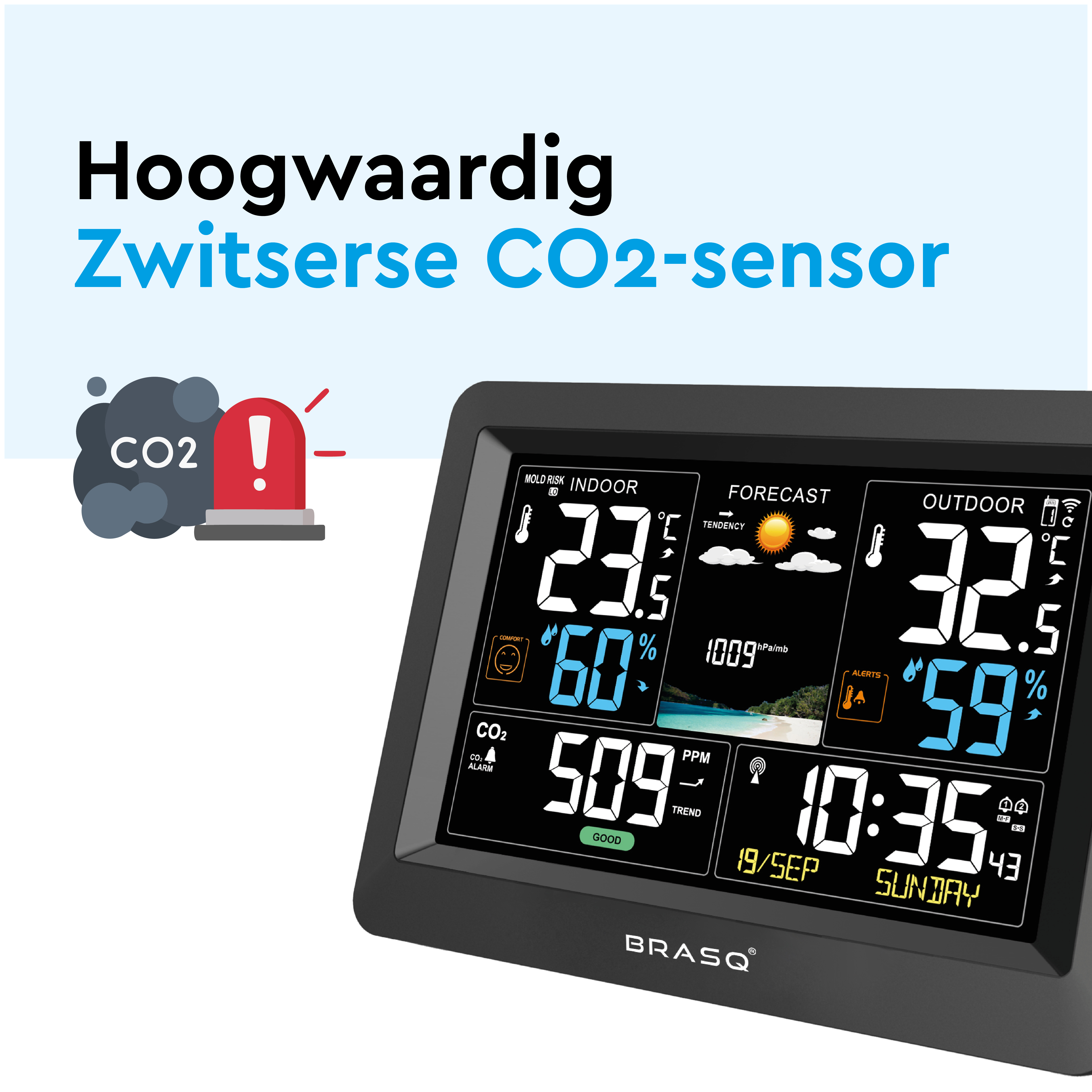 Een zwart weerstation-scherm met CO2-waarschuwing en weersvoorspelling.