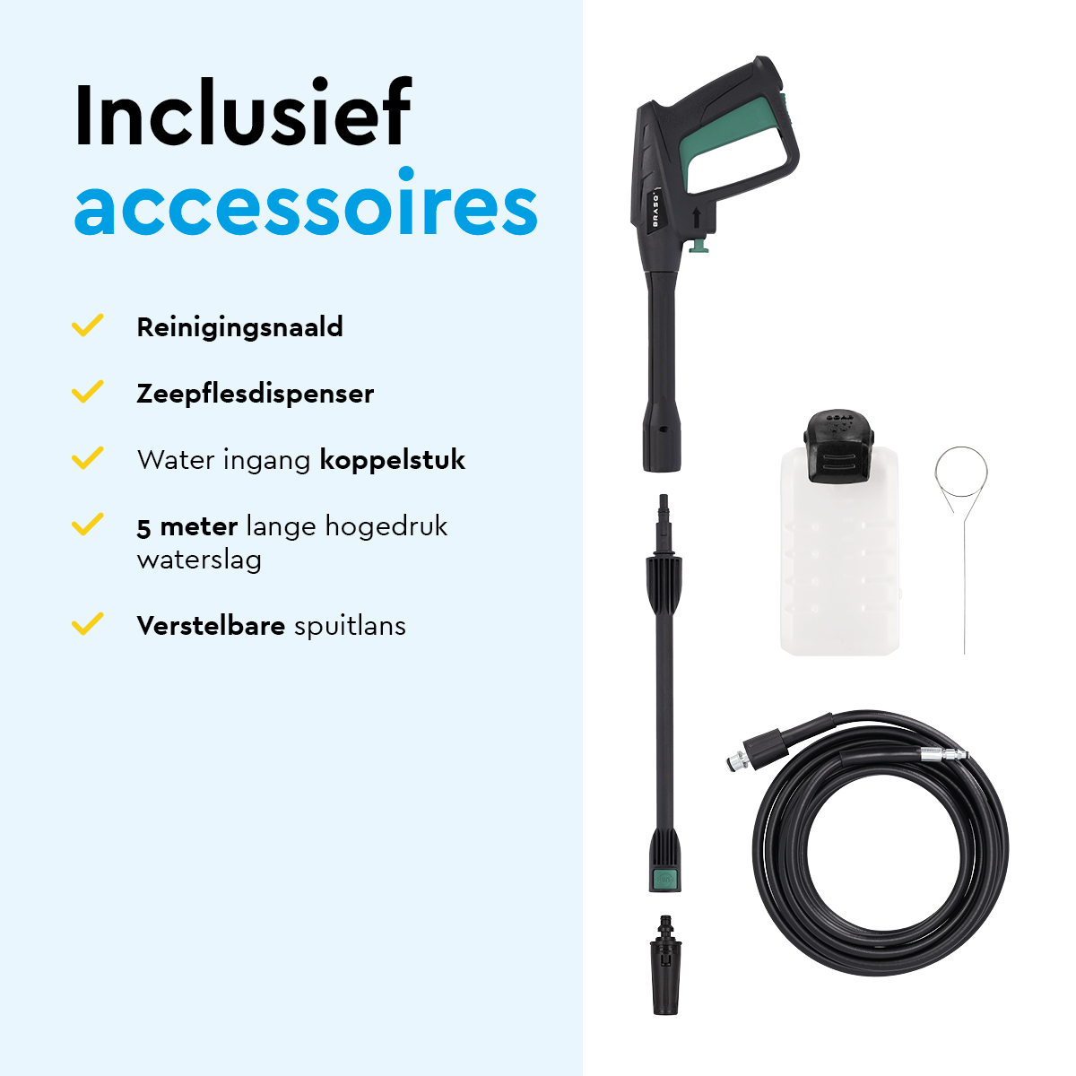 Hogedrukreiniger accessoires: spuitpistool, lans, spuitmond, fles, slang, reinigingsnaald.