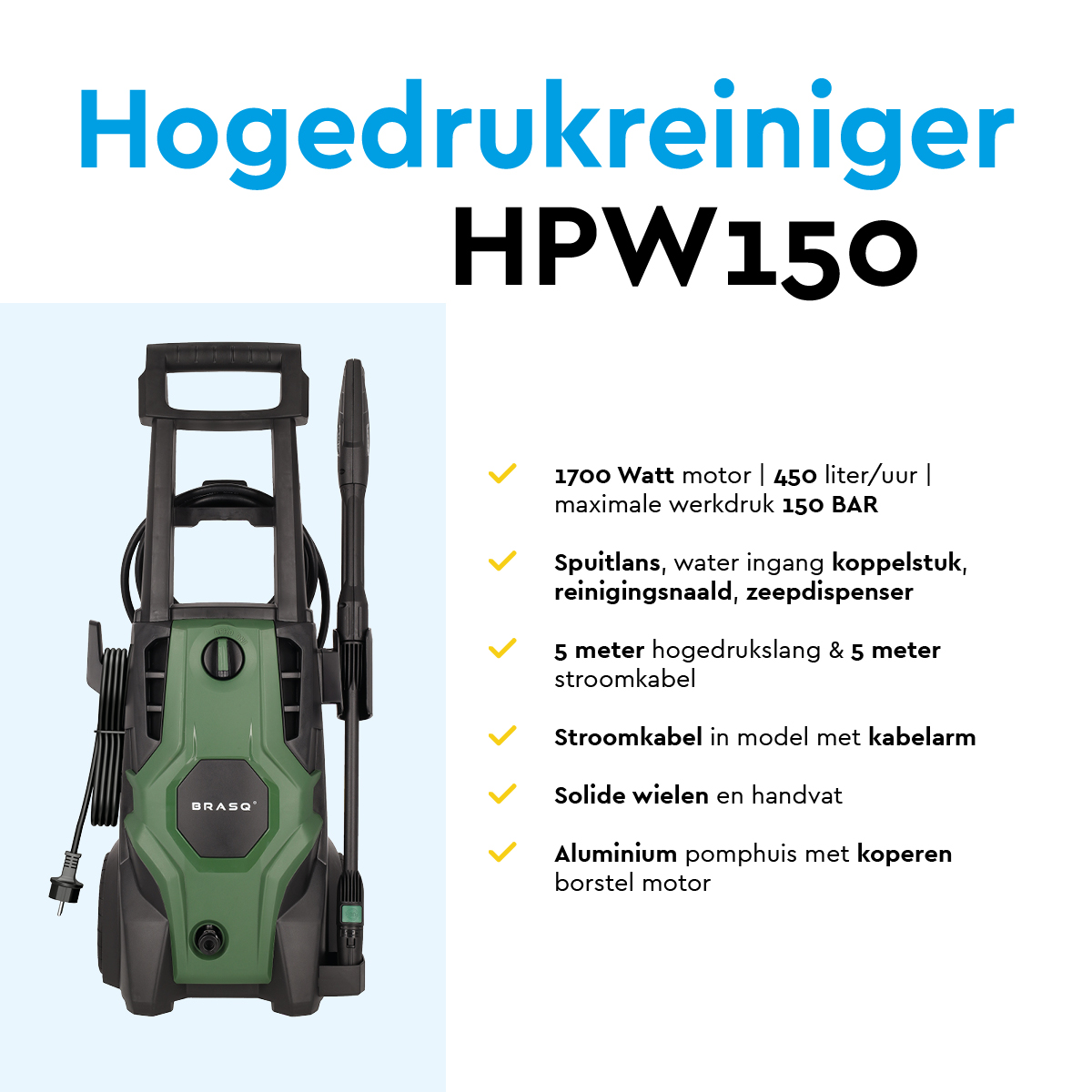 Groene hogedrukreiniger met zwarte accenten en gedetailleerde specificaties.