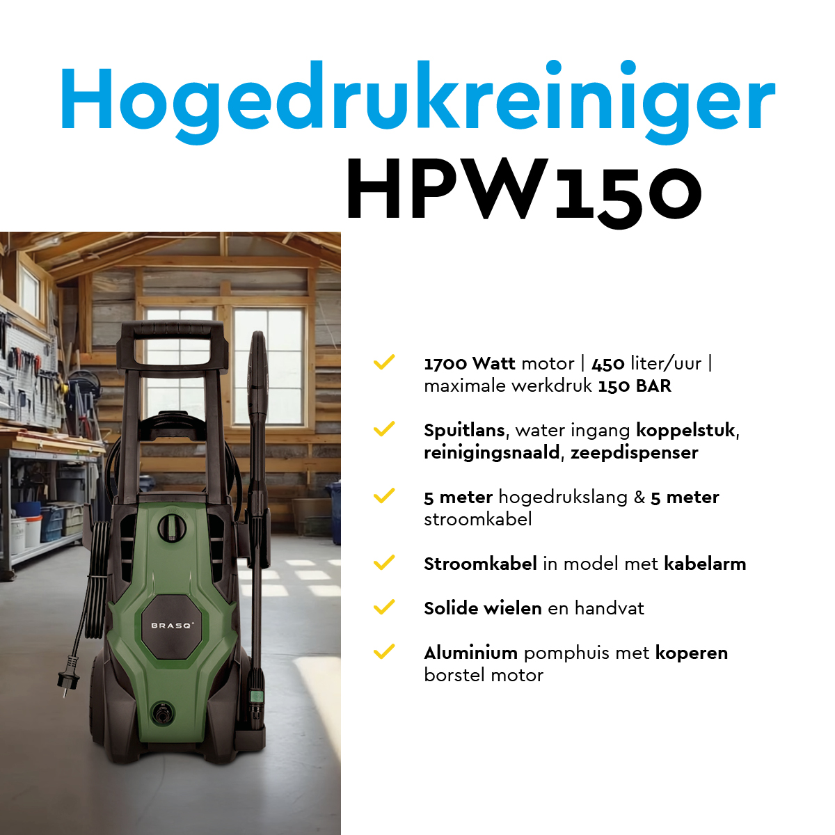 Groene hogedrukreiniger met wielen en handvat, naast gereedschap in een garage.