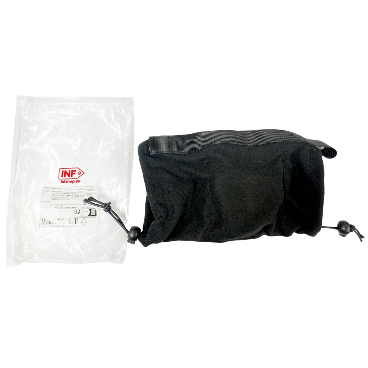 A black drawstring fabric bag next to a clear plastic bag with a label.