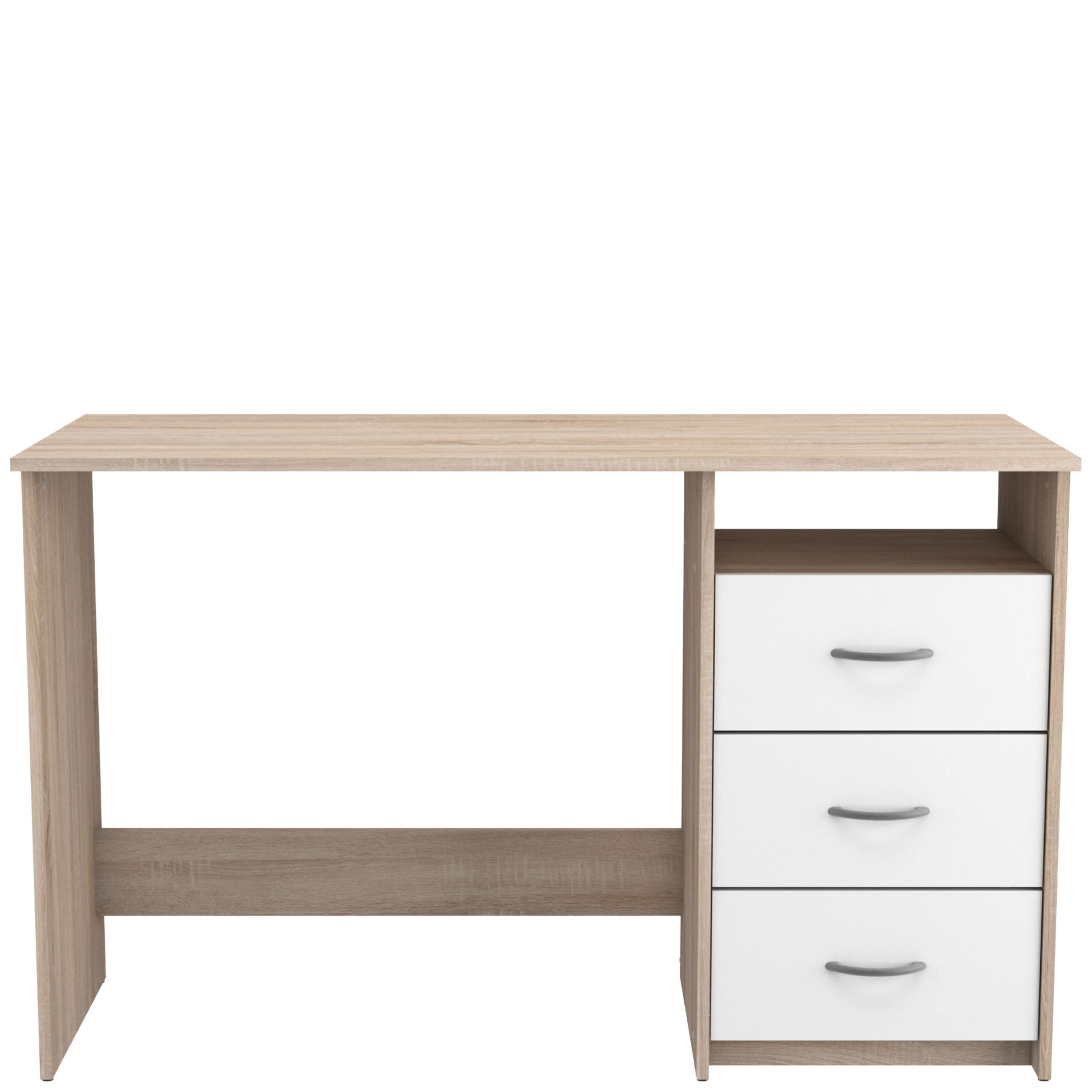 Un escritorio de madera clara con tres cajones blancos a la derecha.