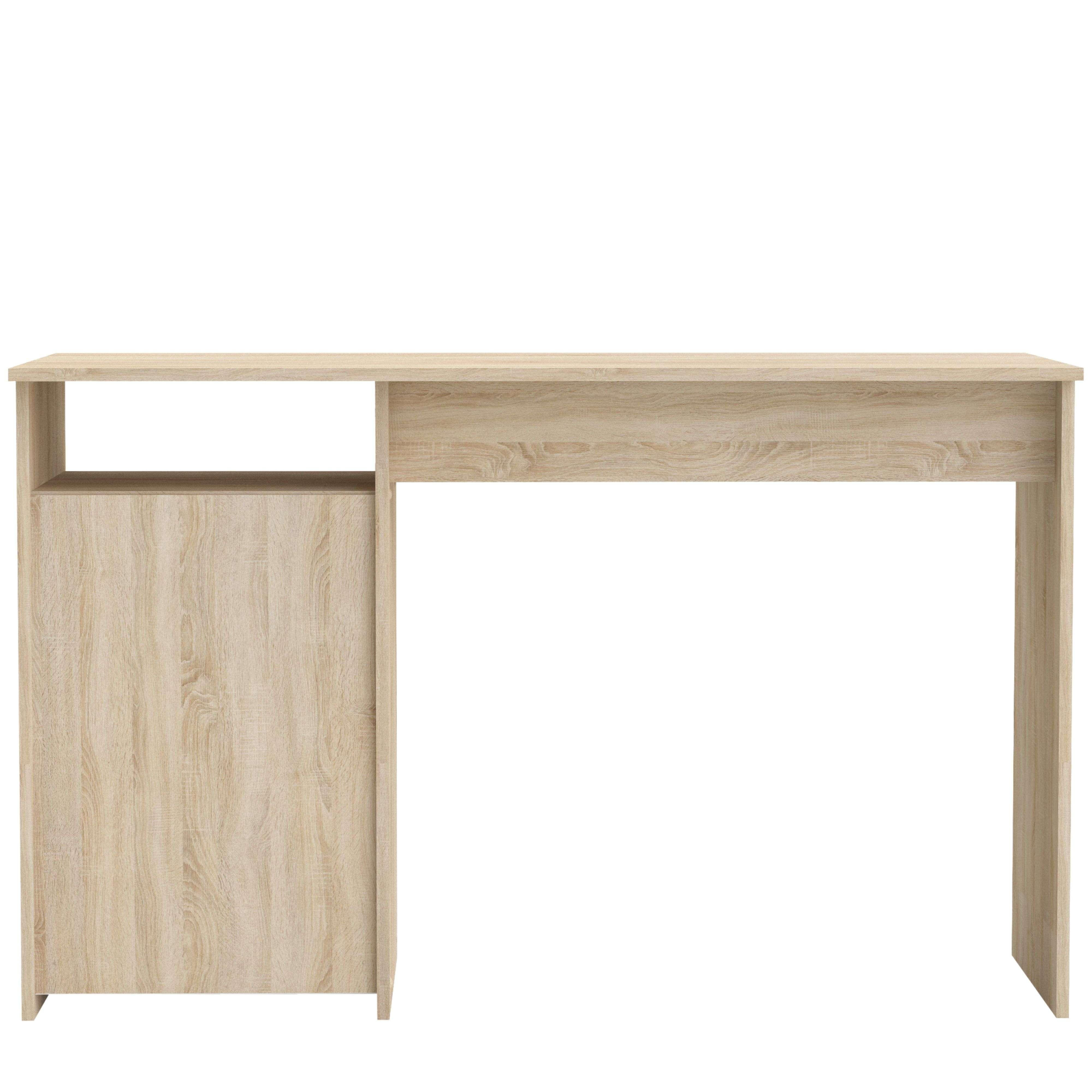 Un escritorio de madera clara con un estante abierto y un armario cerrado.