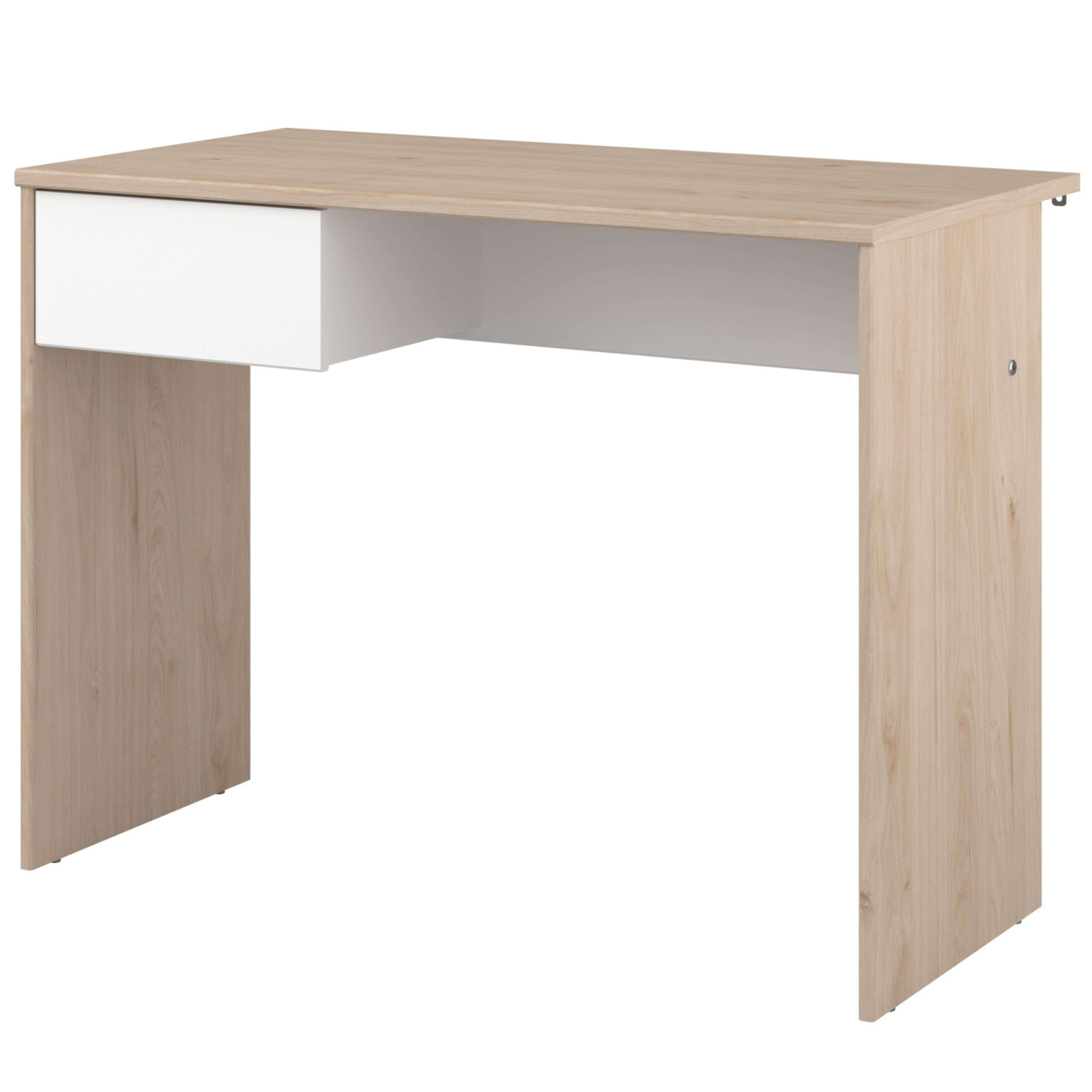 Un escritorio de madera clara con un cajón blanco y un compartimento abierto.