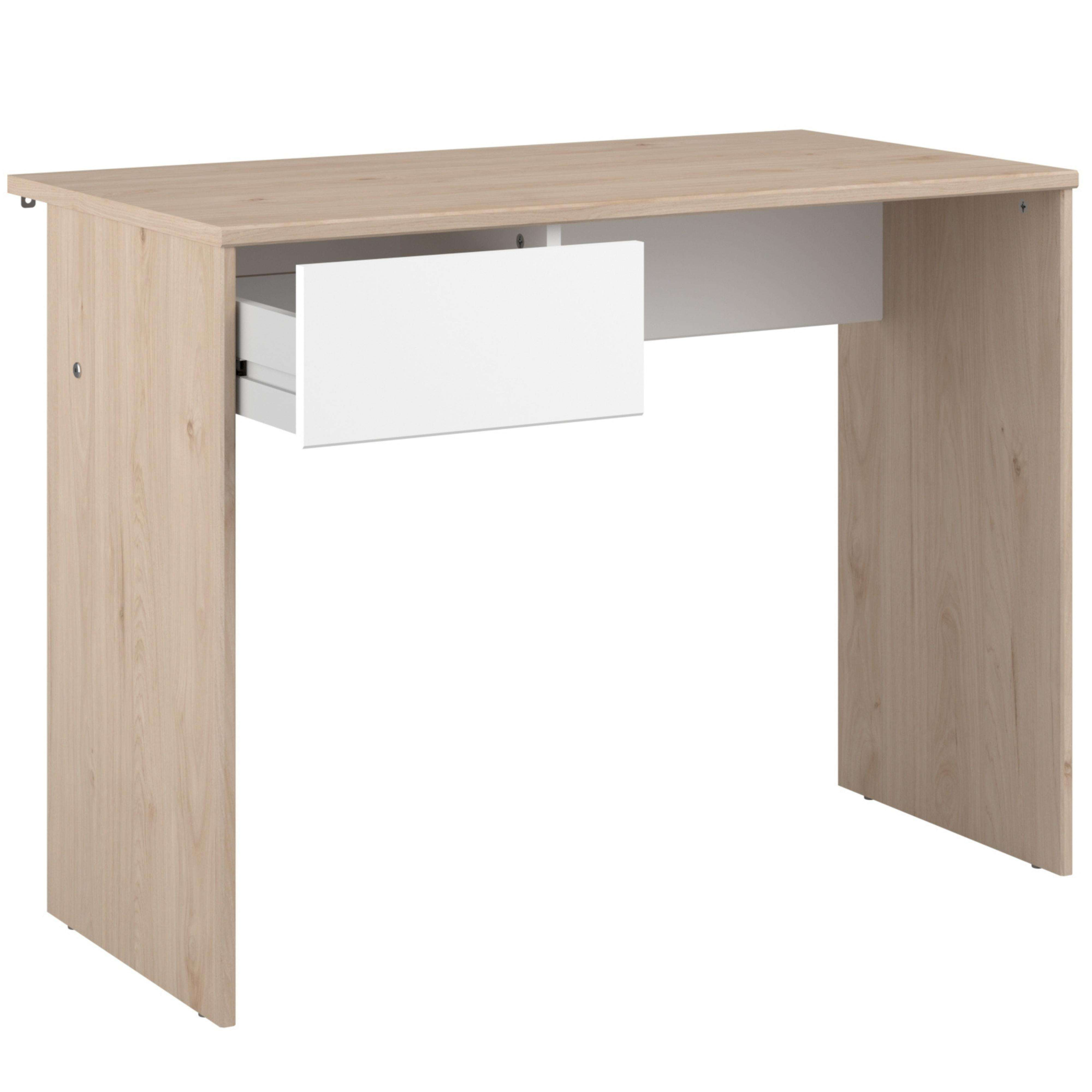 Un escritorio de madera clara con un cajón blanco, parcialmente extraído.