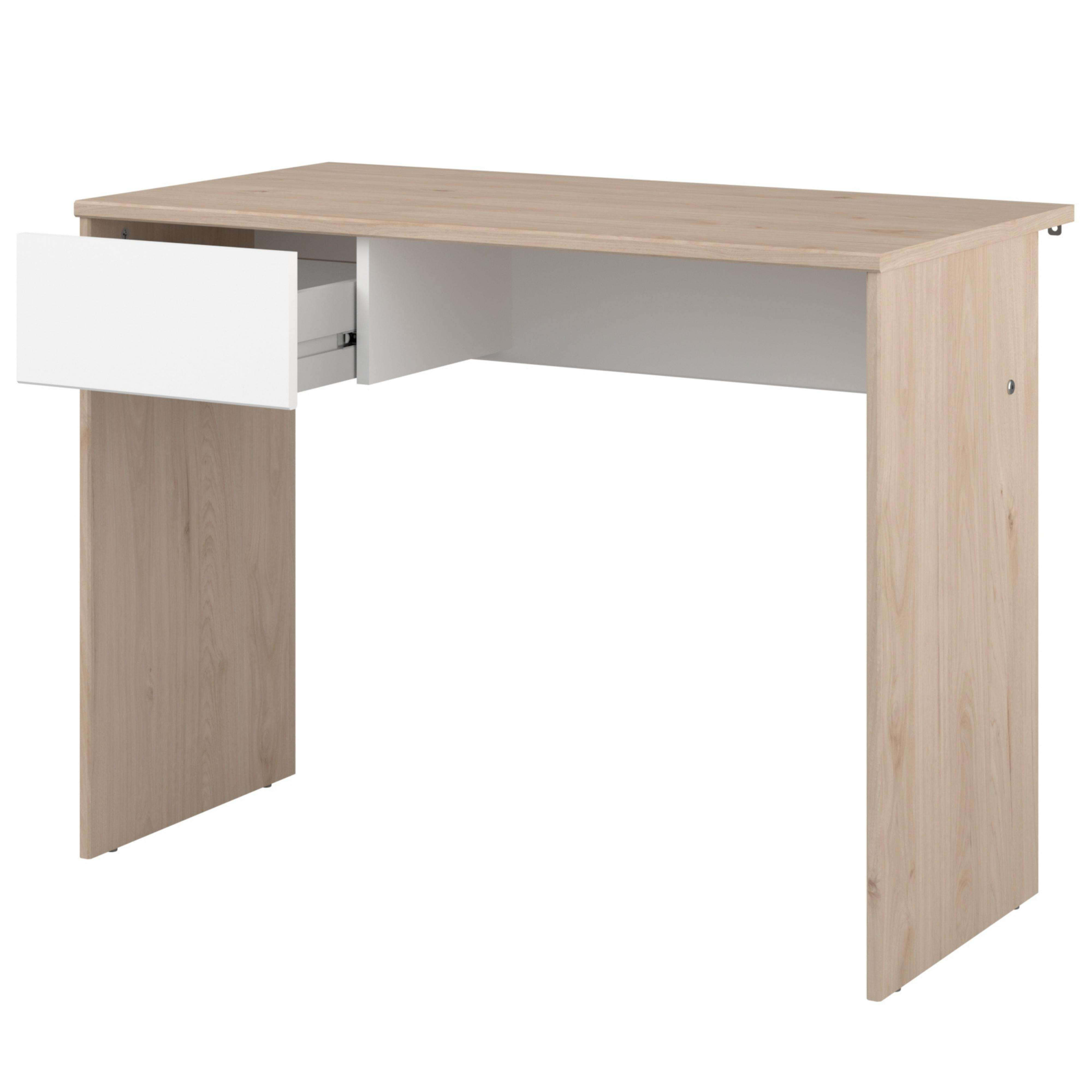 Un escritorio de madera clara con un cajón blanco parcialmente abierto.