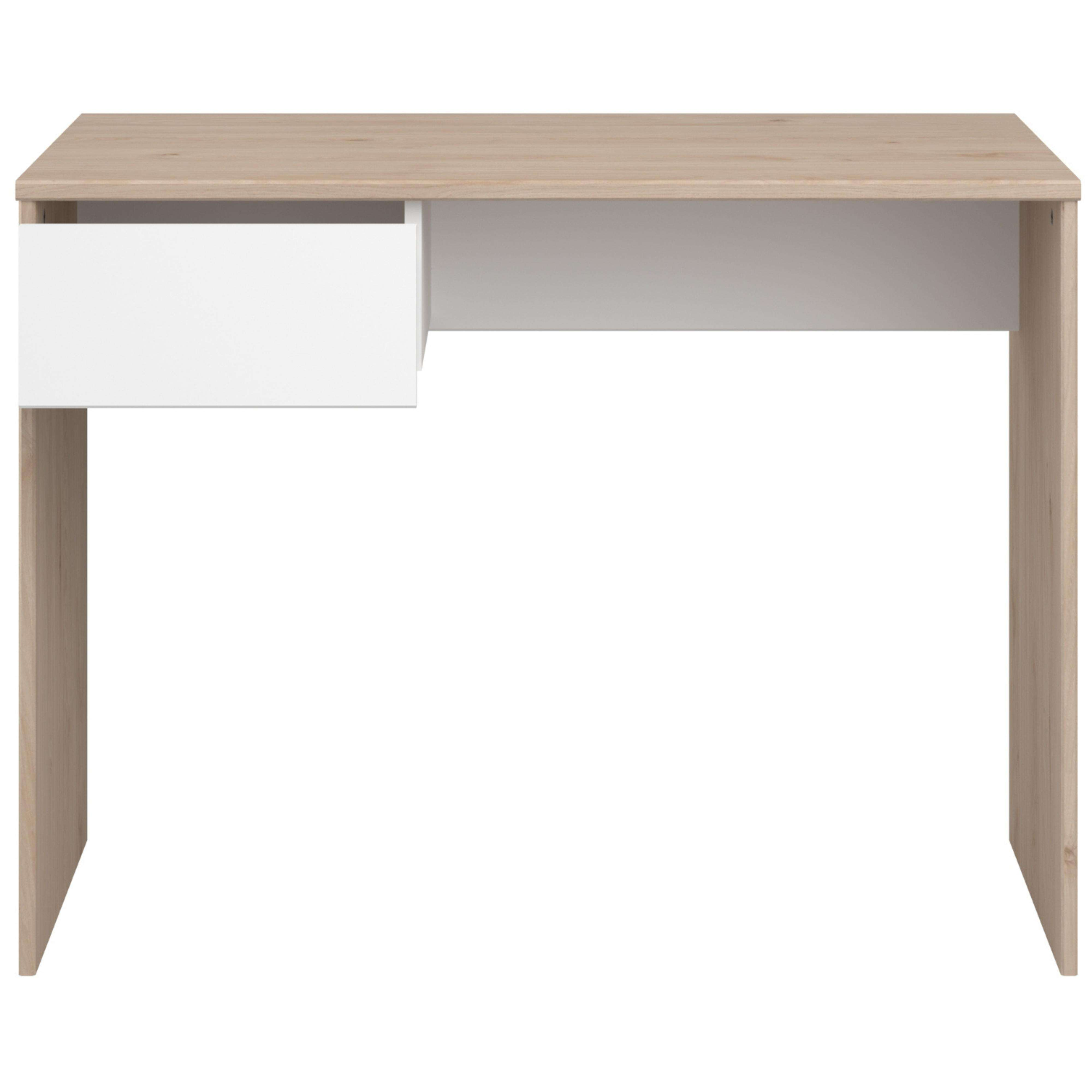 Un escritorio de madera con un cajón blanco abierto.