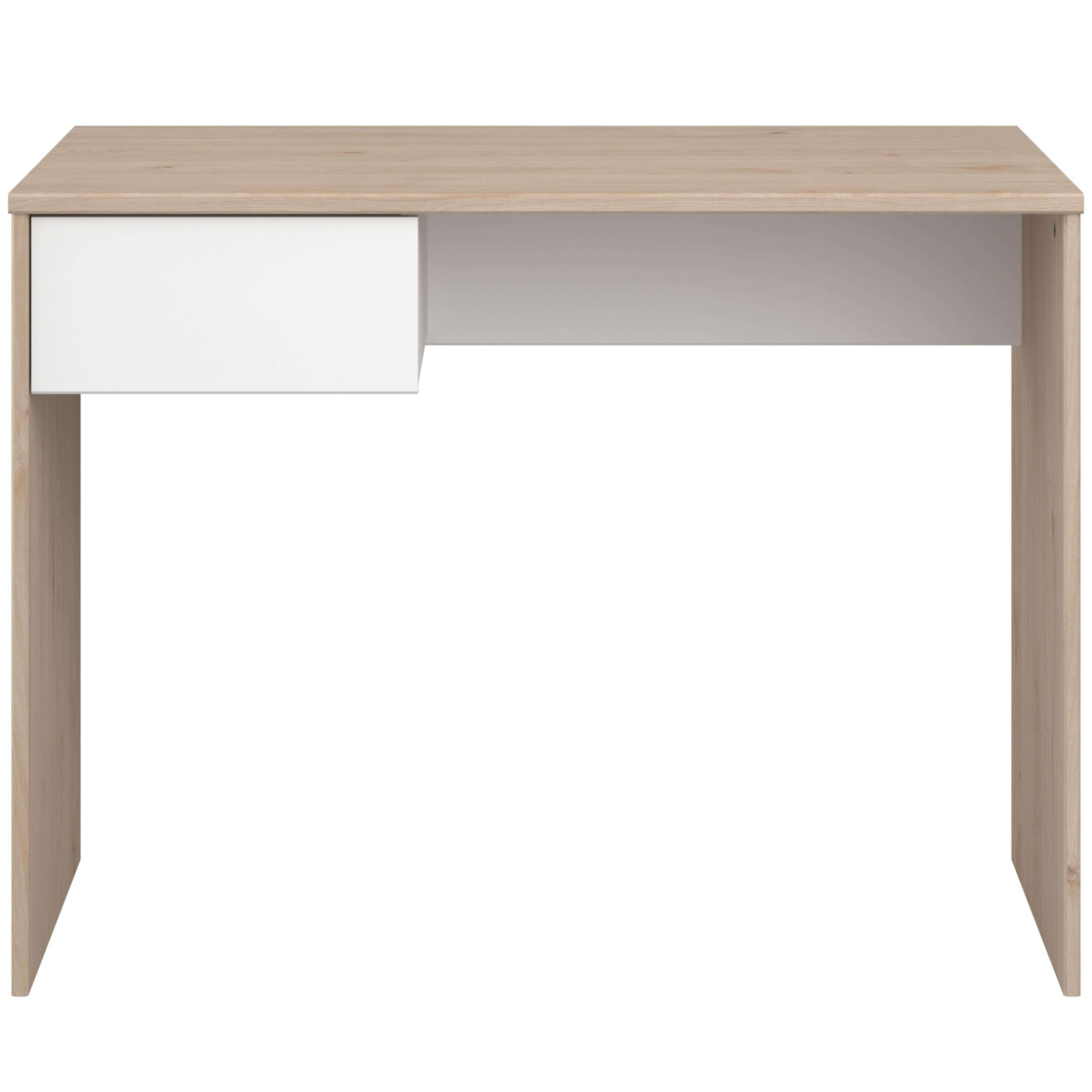 Escritorio moderno con acabado de madera clara y un cajón blanco.