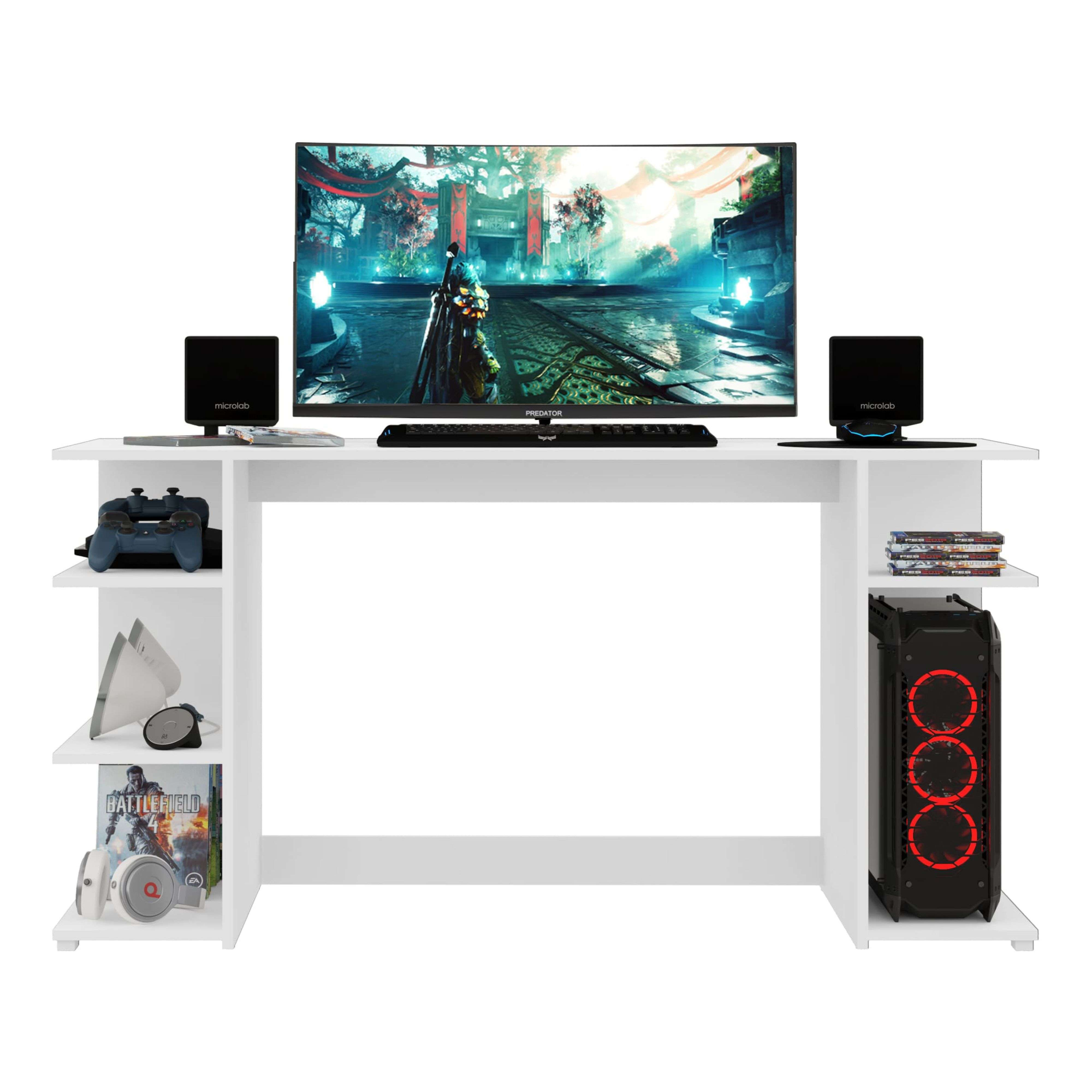 Un escritorio blanco con monitor grande, teclado, ratón, altavoces y PC.