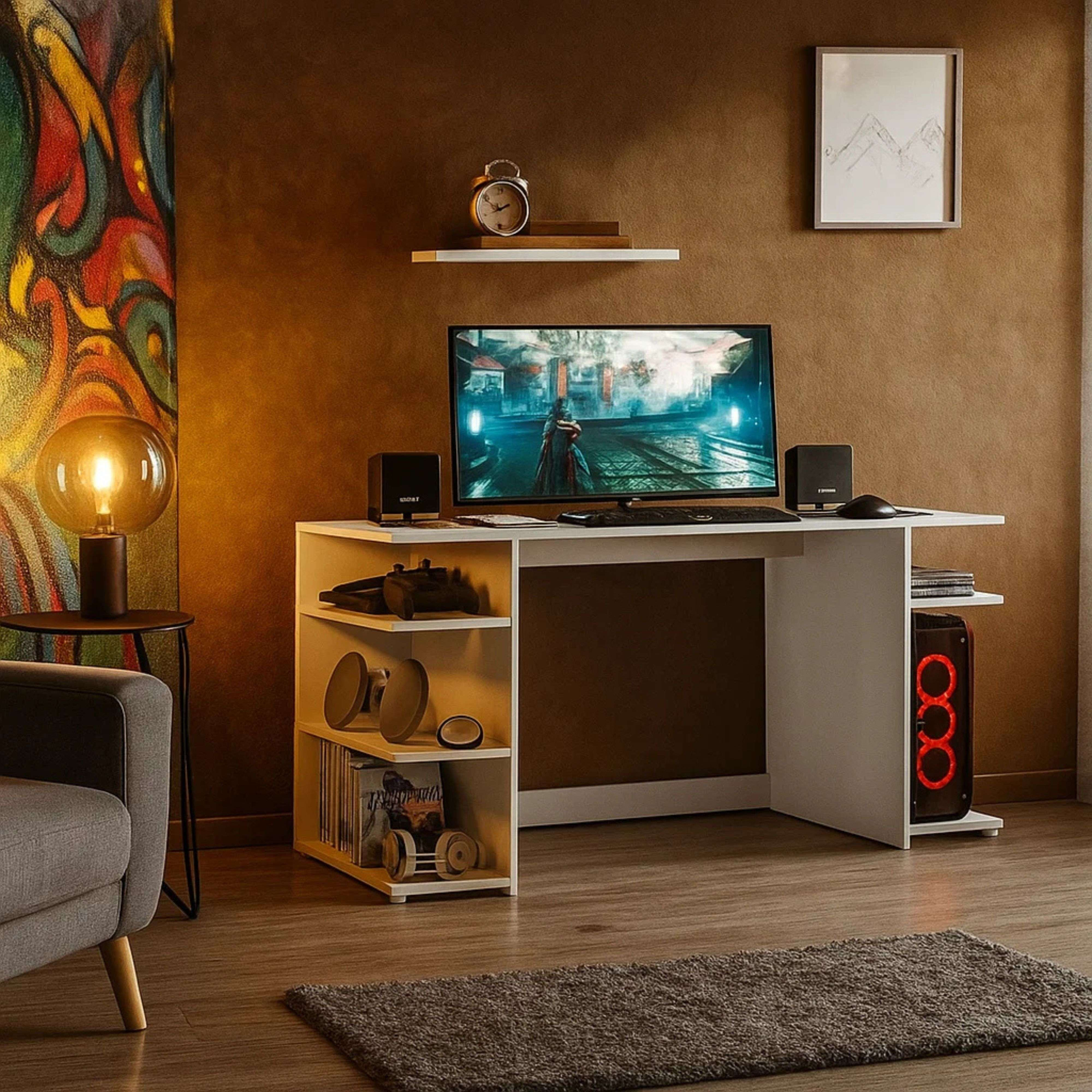 Un escritorio blanco con computadora, altavoces e iluminación.