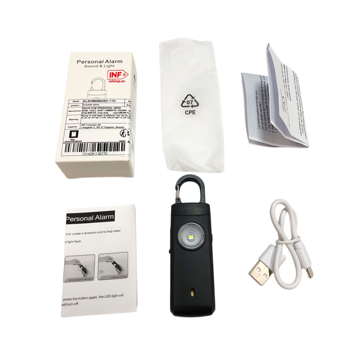 Alarm osobisty z diodą LED, kablem, instrukcją i opakowaniem.