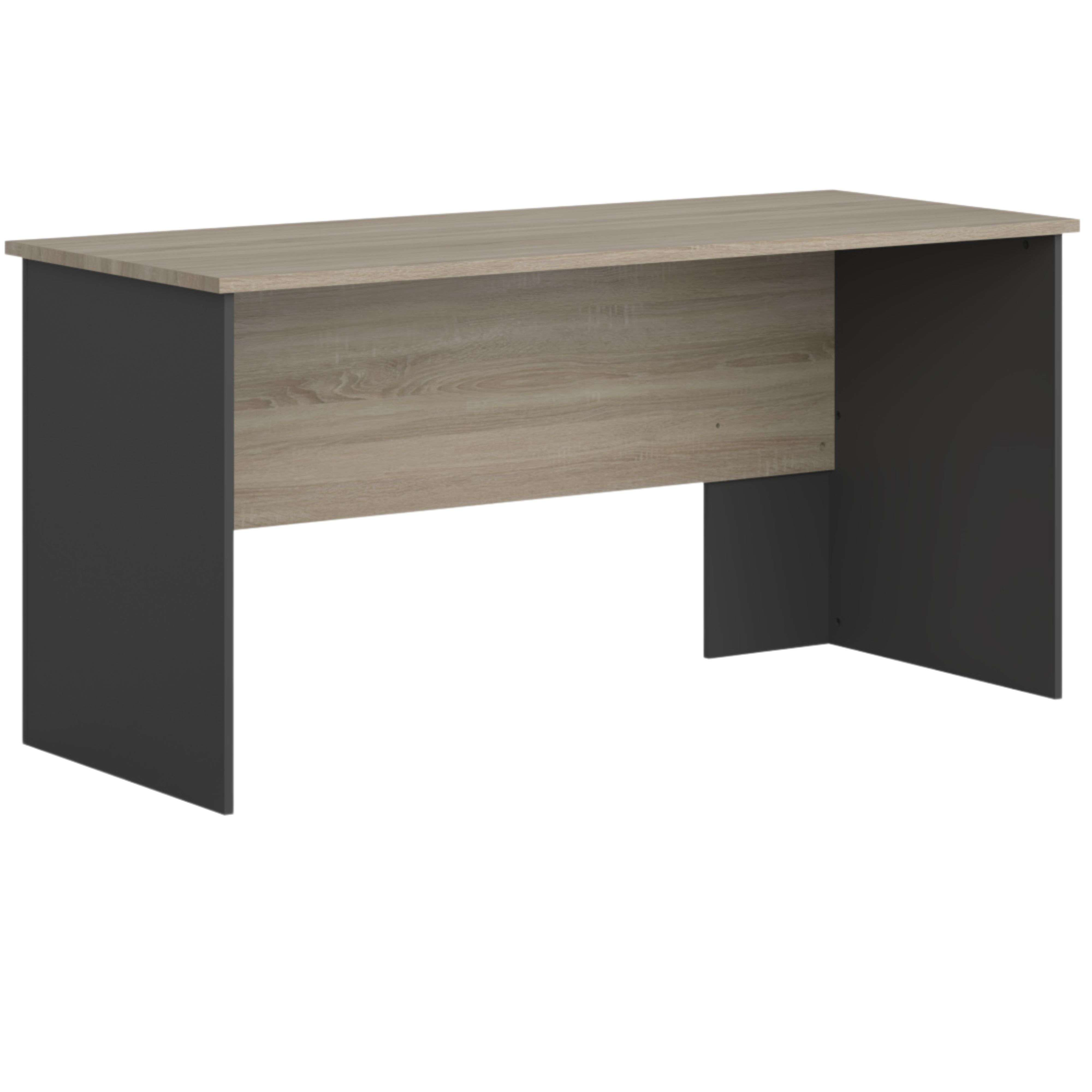 Un escritorio rectangular simple con tapa de madera clara y lados oscuros.