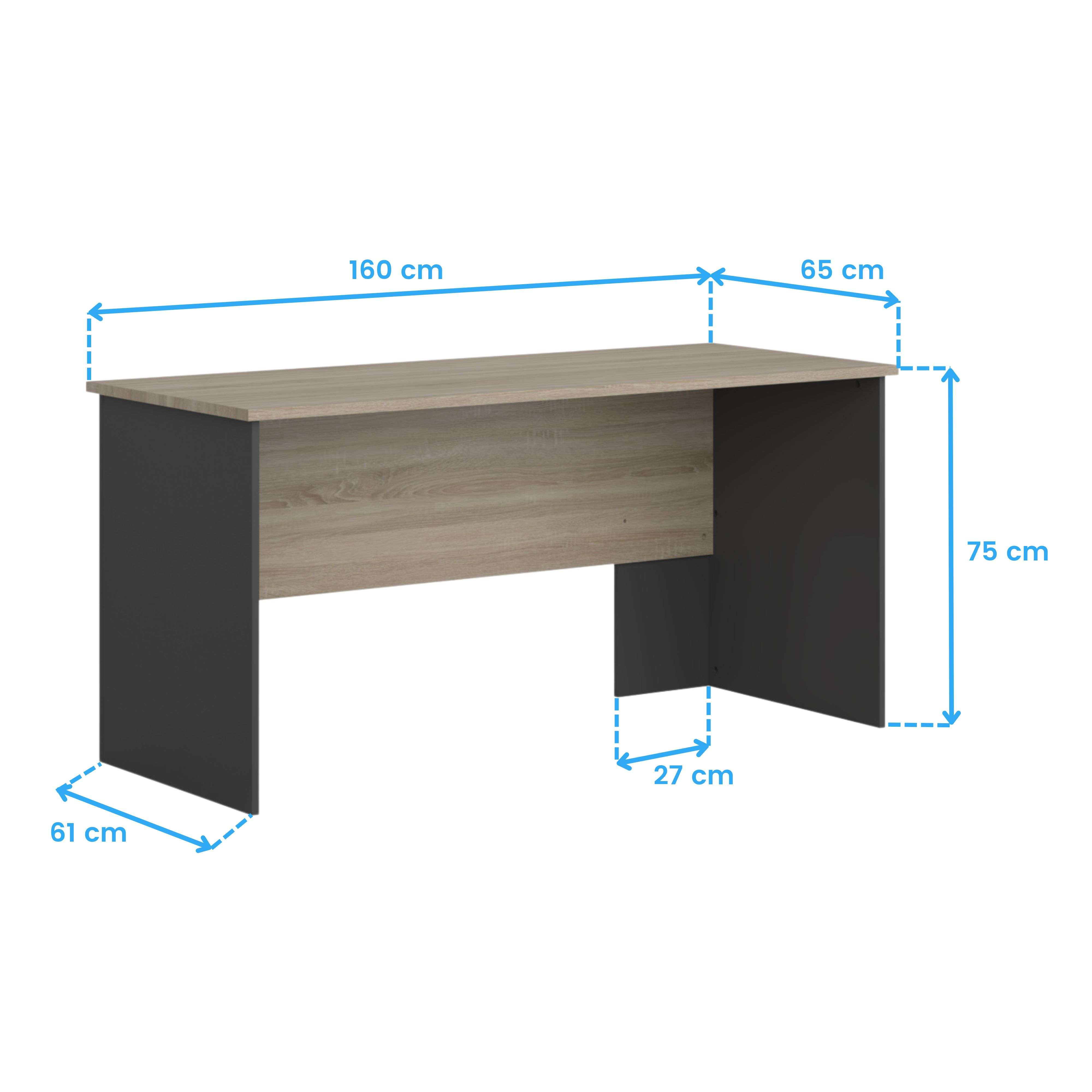 Un escritorio con tablero efecto madera y laterales oscuros, con dimensiones.