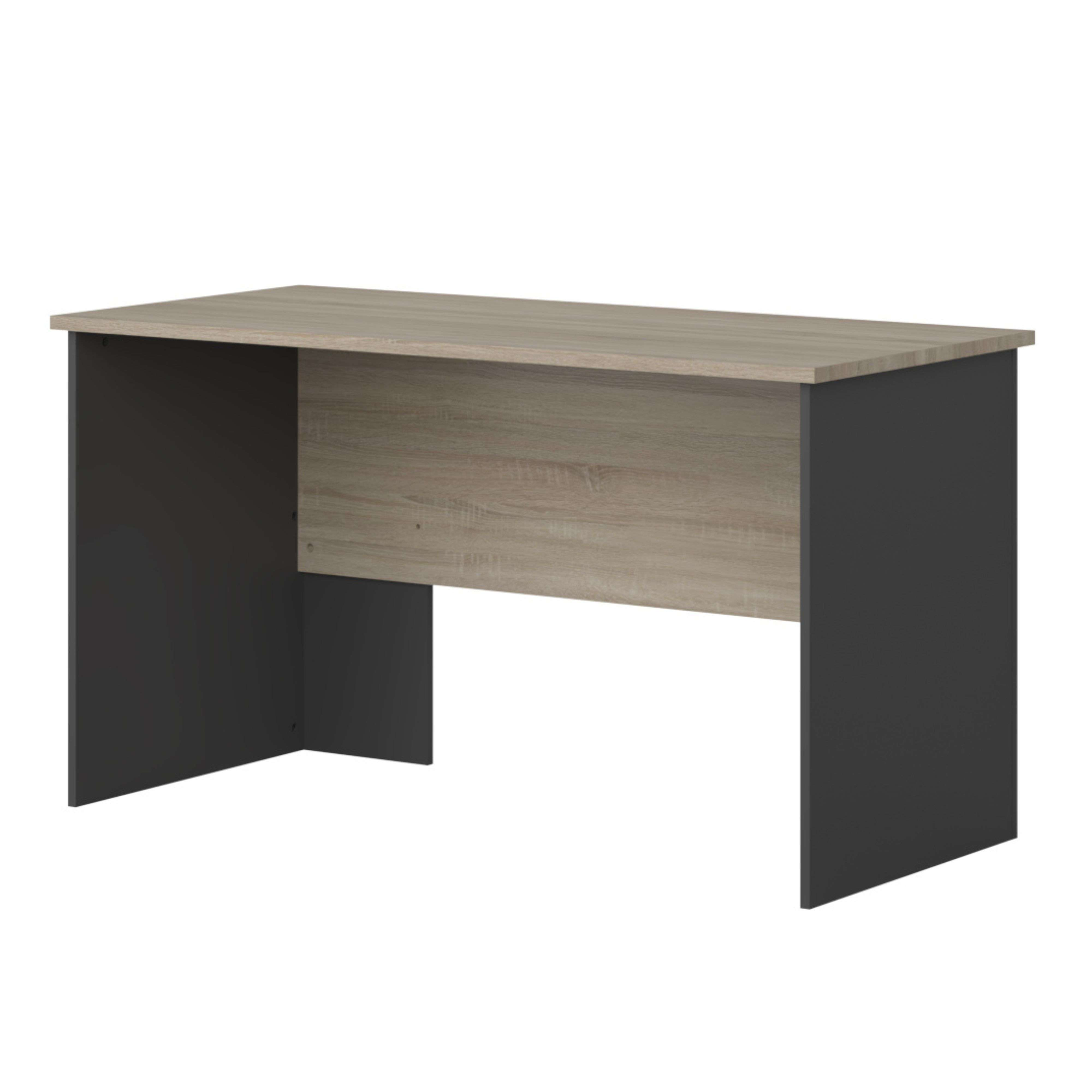 Un escritorio de oficina simple con tablero de madera clara y lados oscuros.