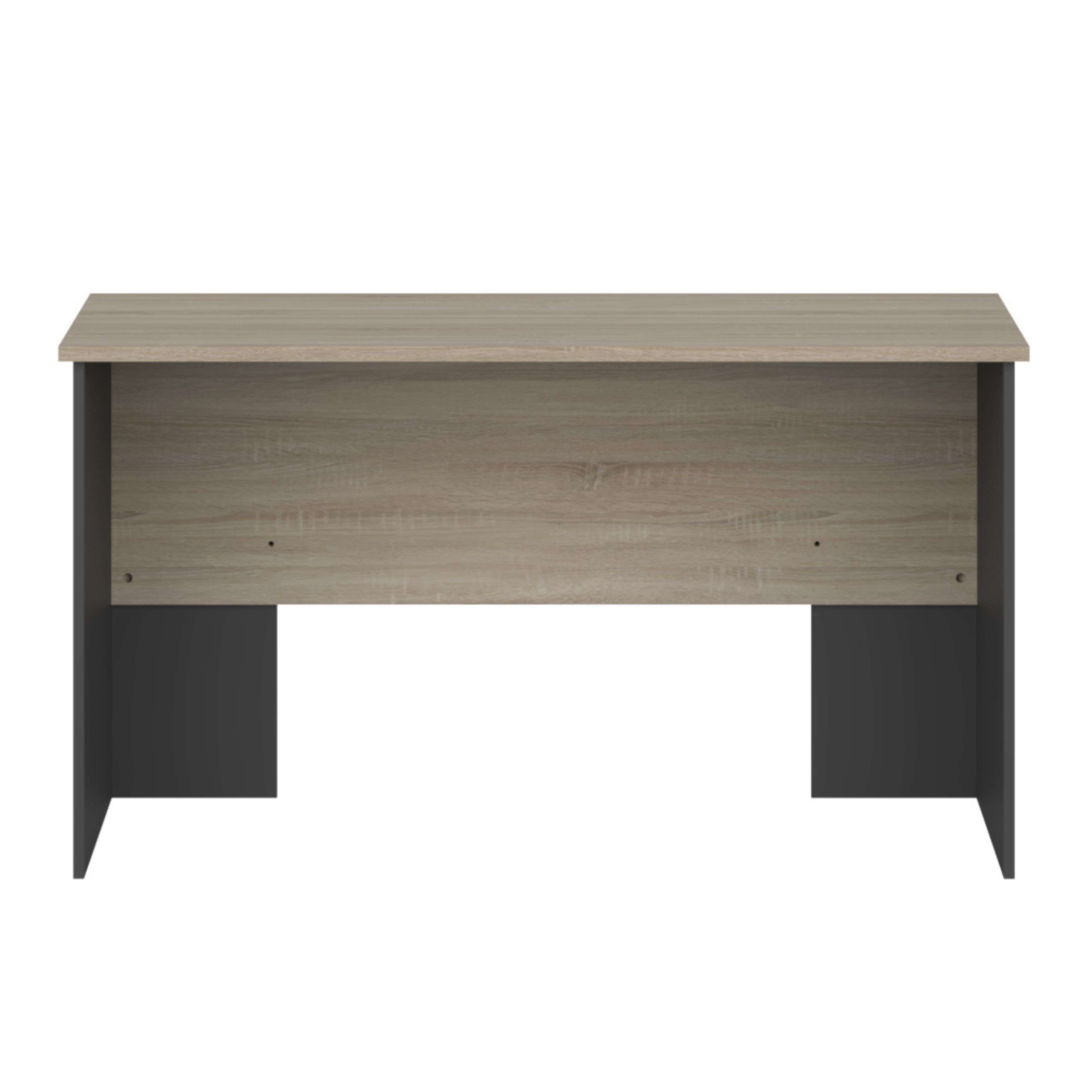 Escritorio con veta de madera clara y laterales oscuros.