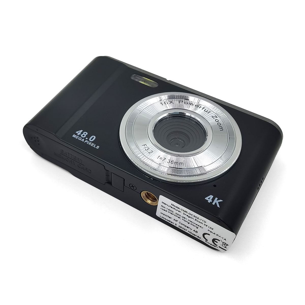 Black digital camera with 48 MP, 16x zoom, and 4K video recording.