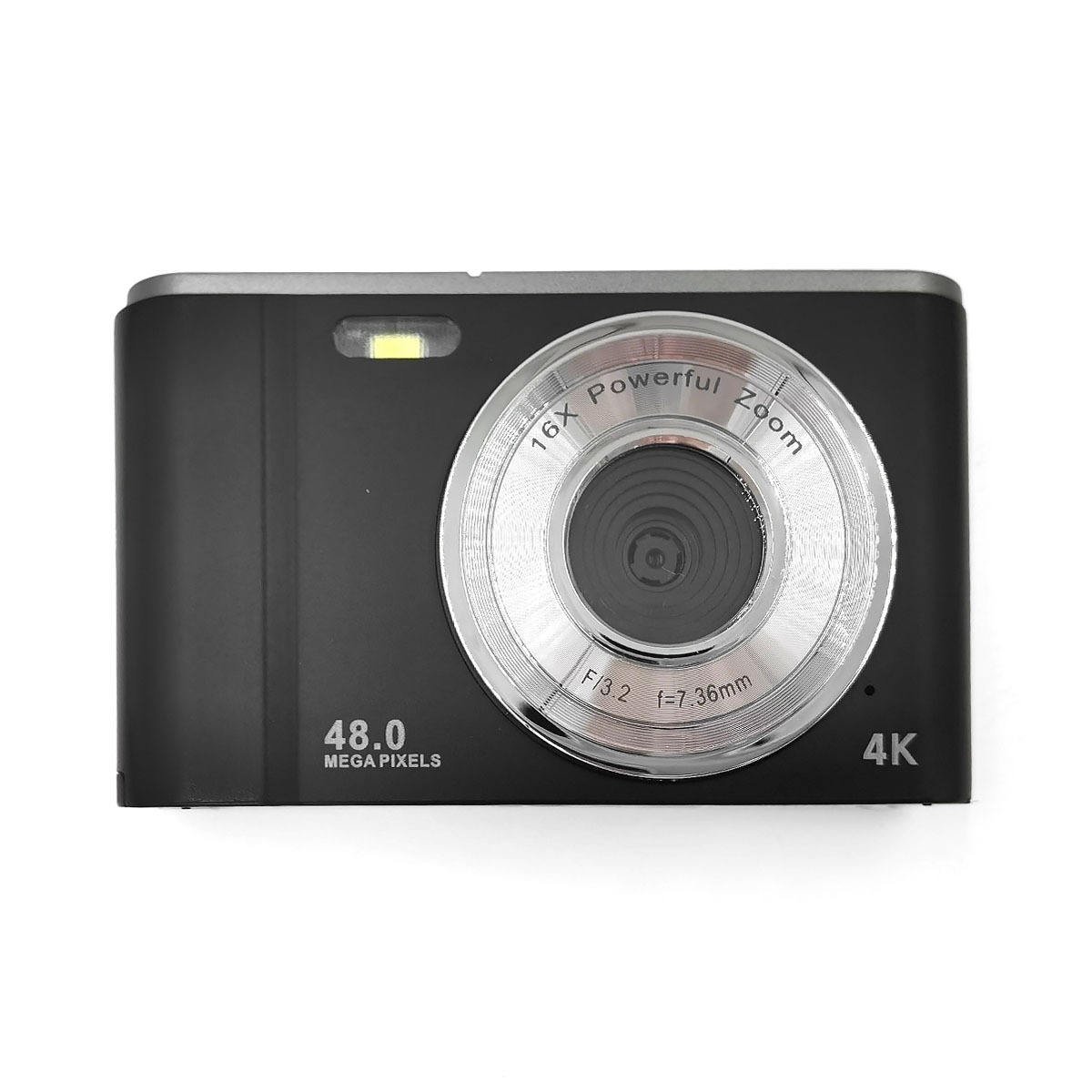 Black digital camera with 16x zoom, 48MP, and 4K resolution.