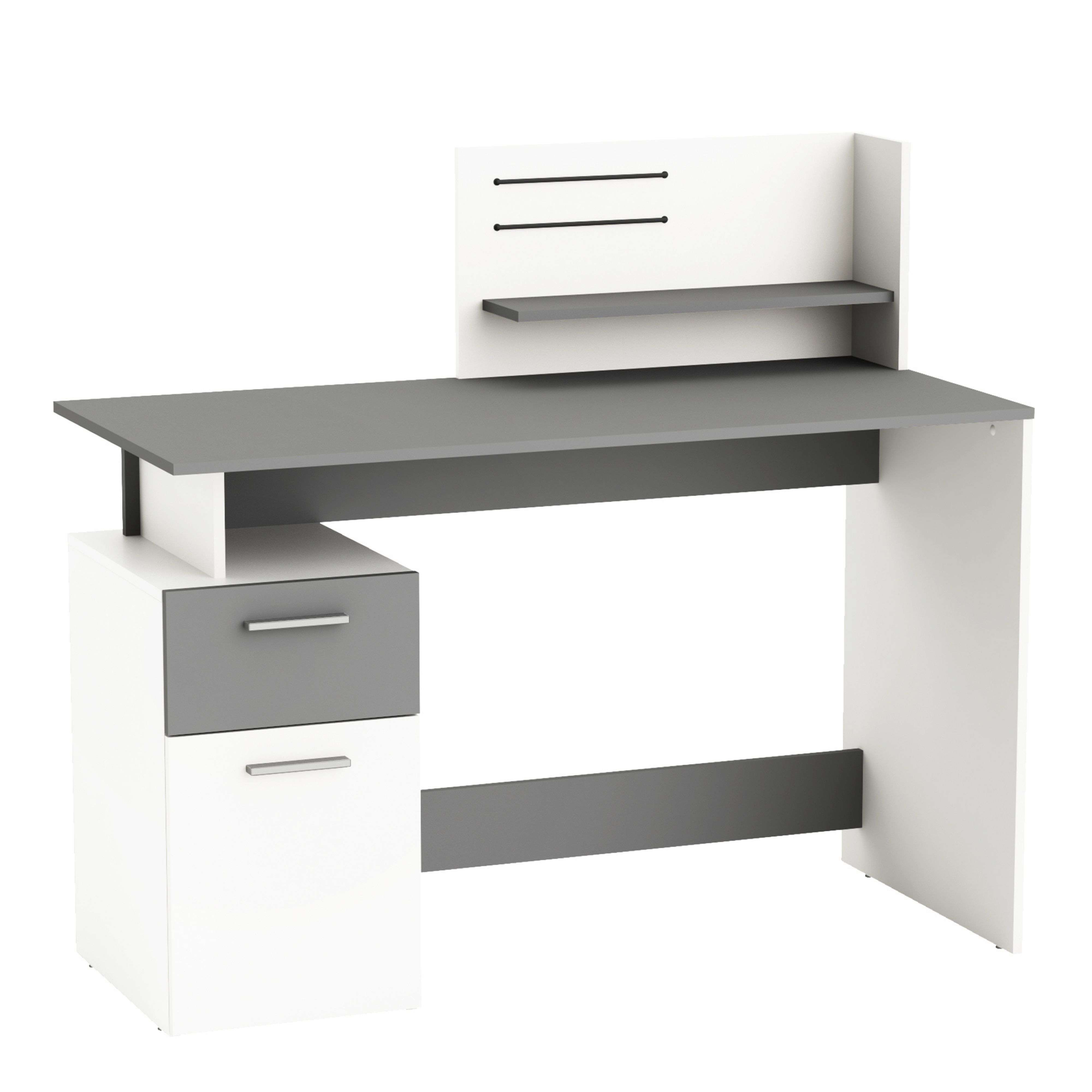 Escritorio moderno blanco y gris con cajones y estantería.
