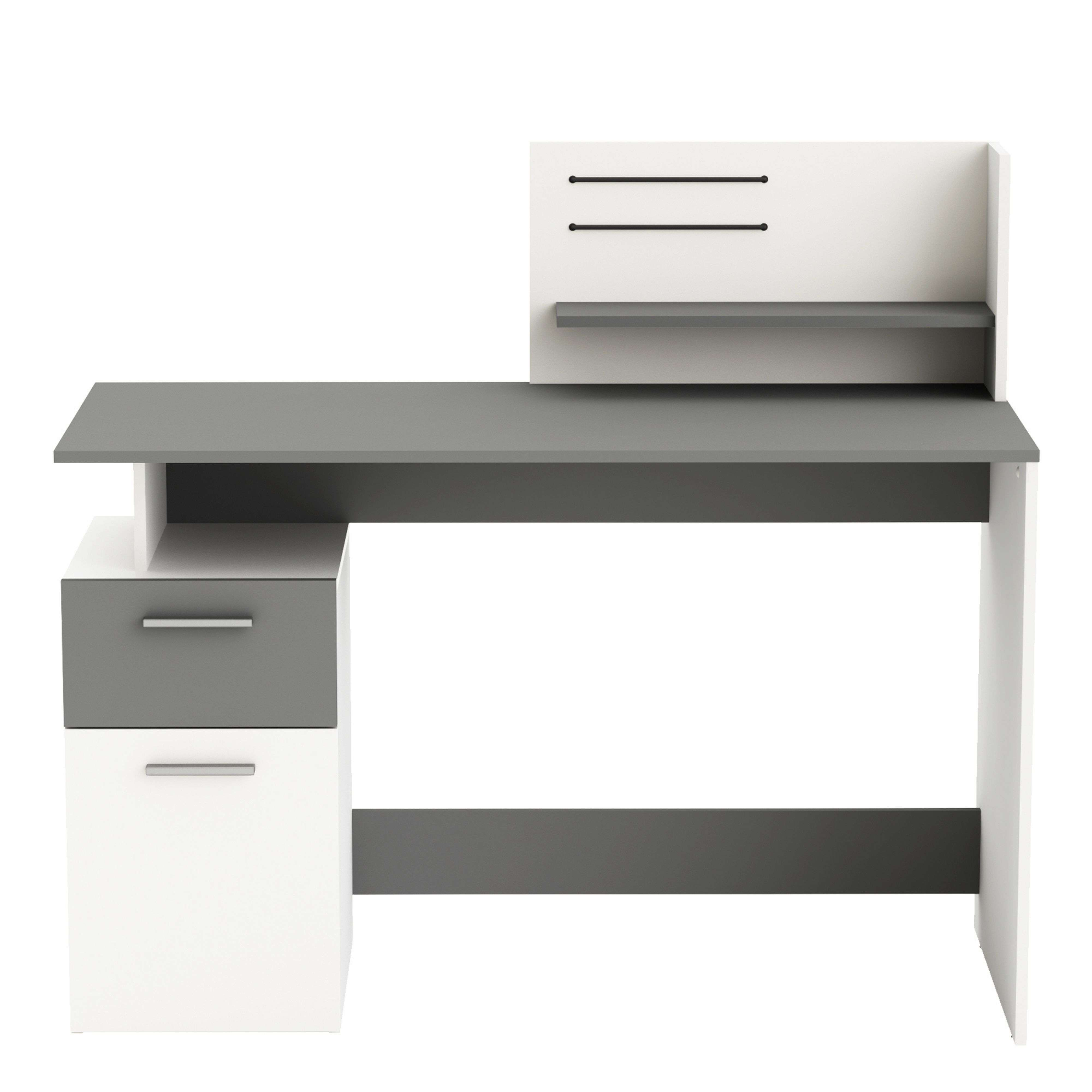 Escritorio moderno con tablero gris, cuerpo blanco, cajones y estante.