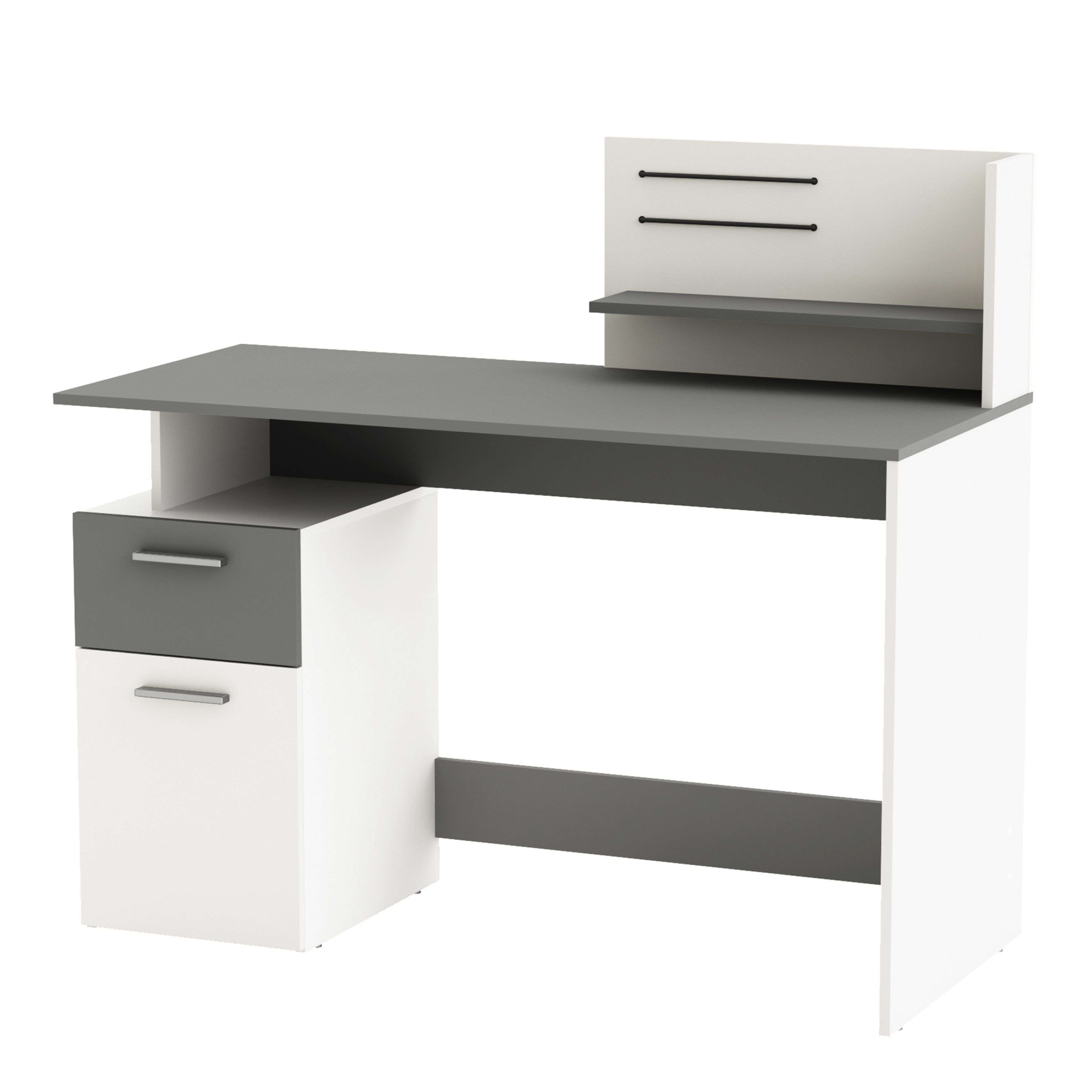 Escritorio blanco moderno con tablero y cajones grises.
