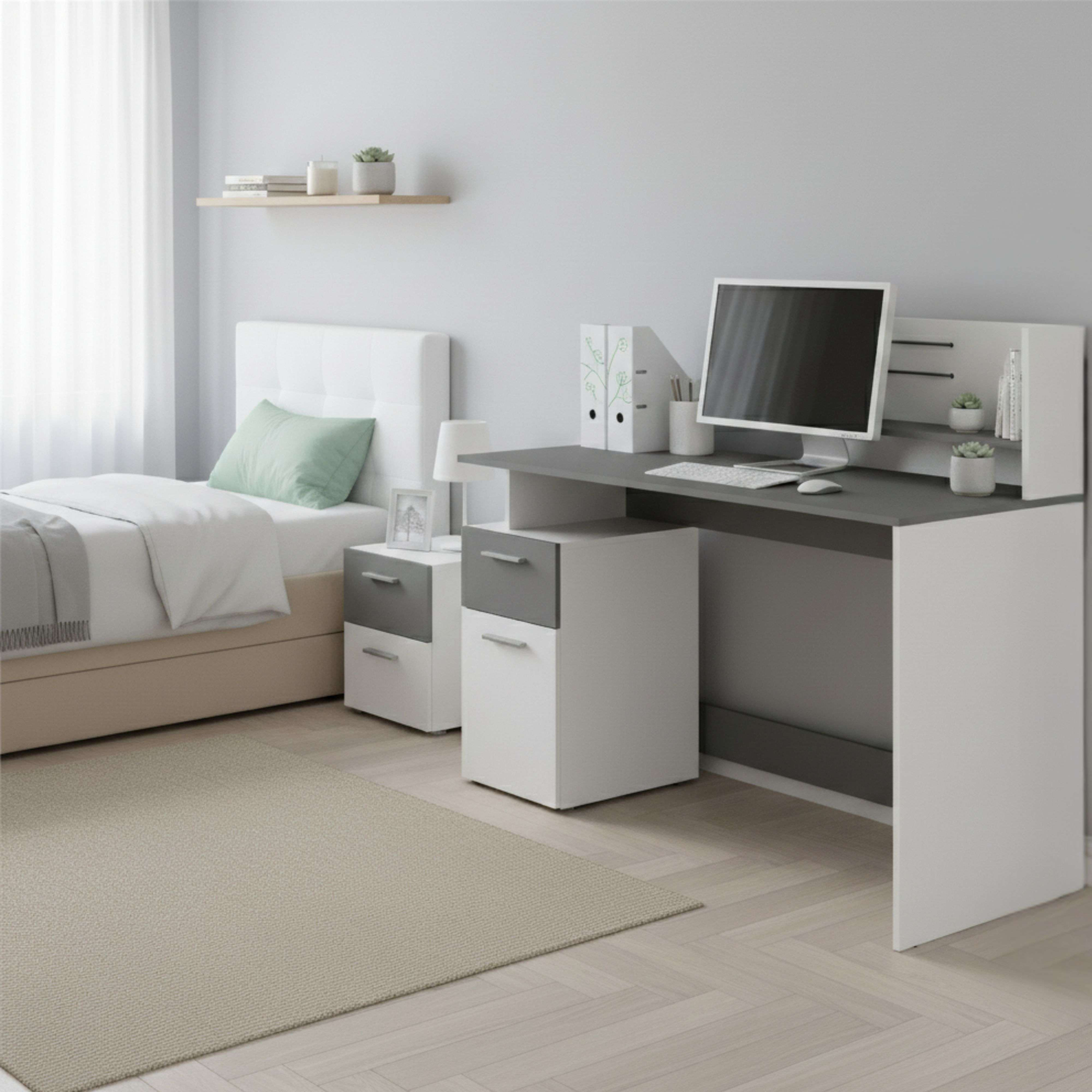 Un dormitorio moderno con escritorio, ordenador, cama y mesita de noche.
