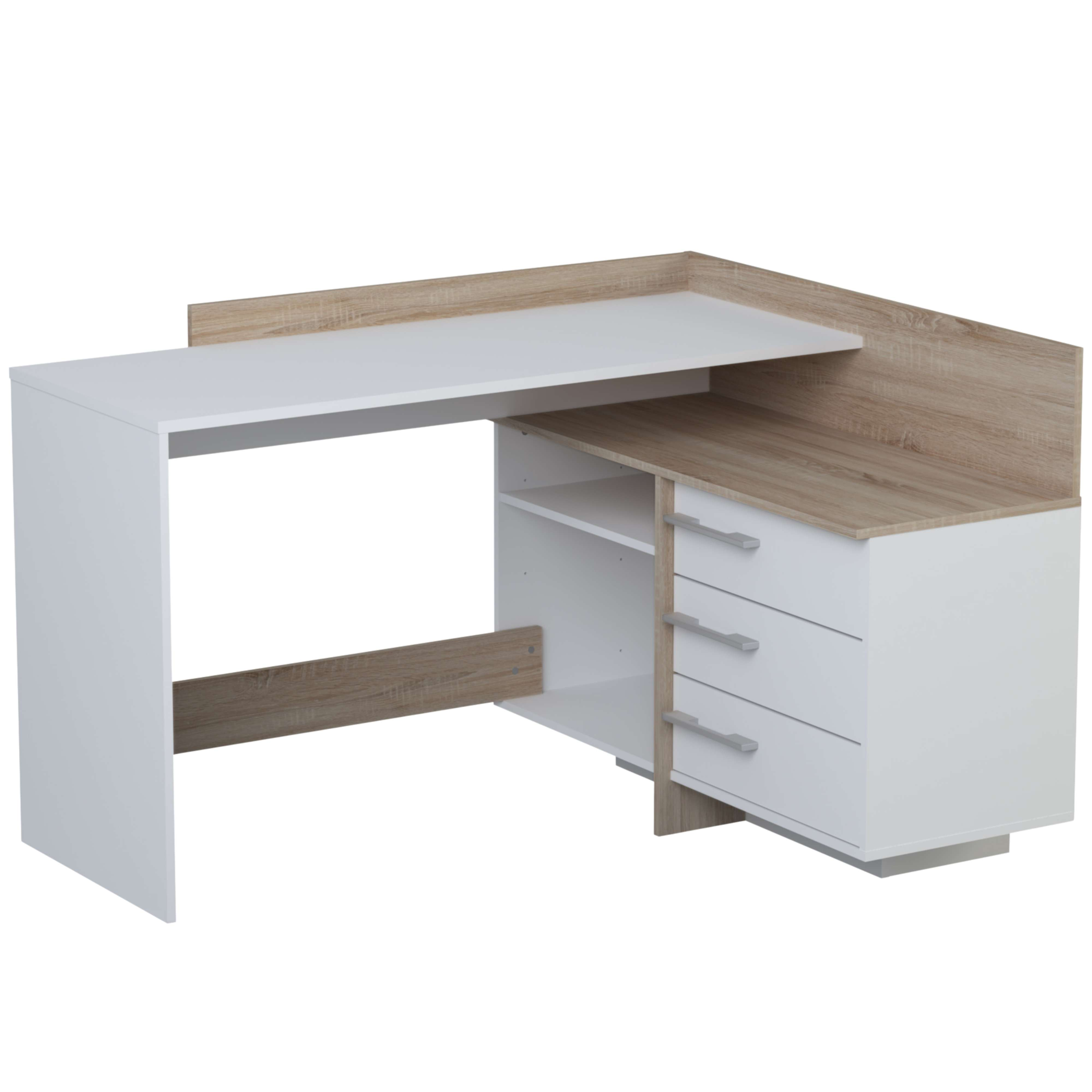 Un escritorio en forma de L en blanco y acabado madera con tres cajones.