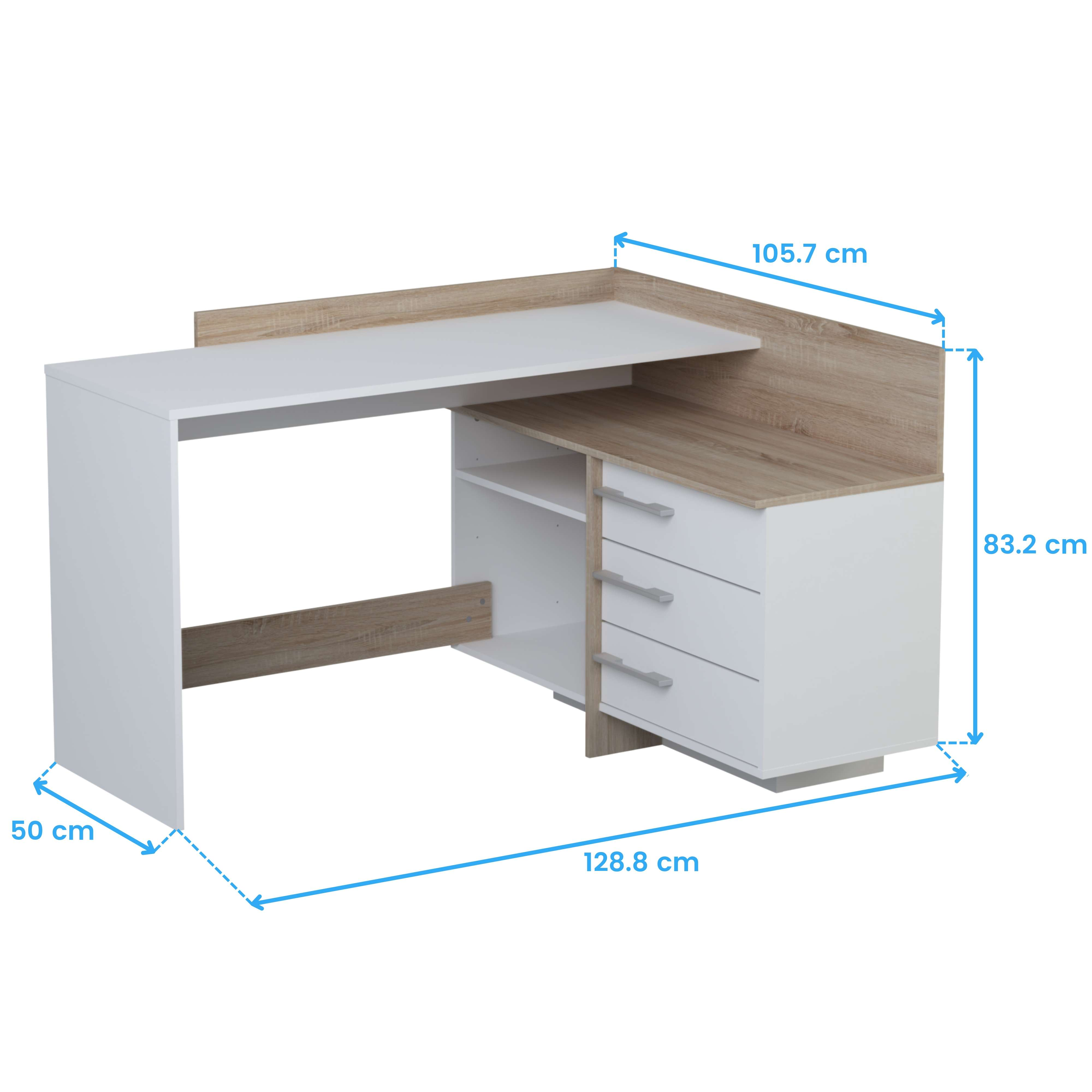 Un escritorio de esquina blanco con detalles de madera y cajones.