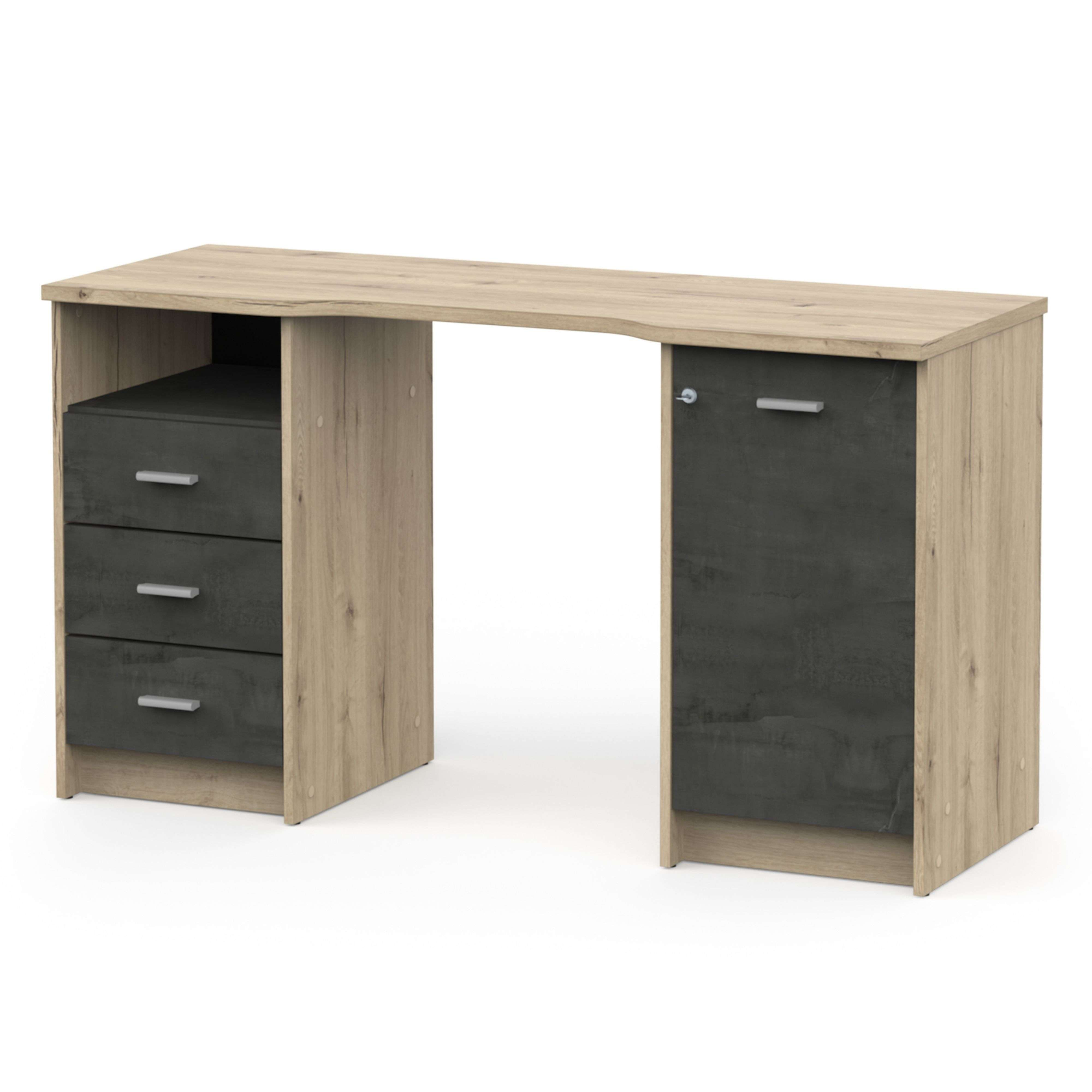 Un escritorio con acabado de madera, cajones grises y puerta de armario gris.