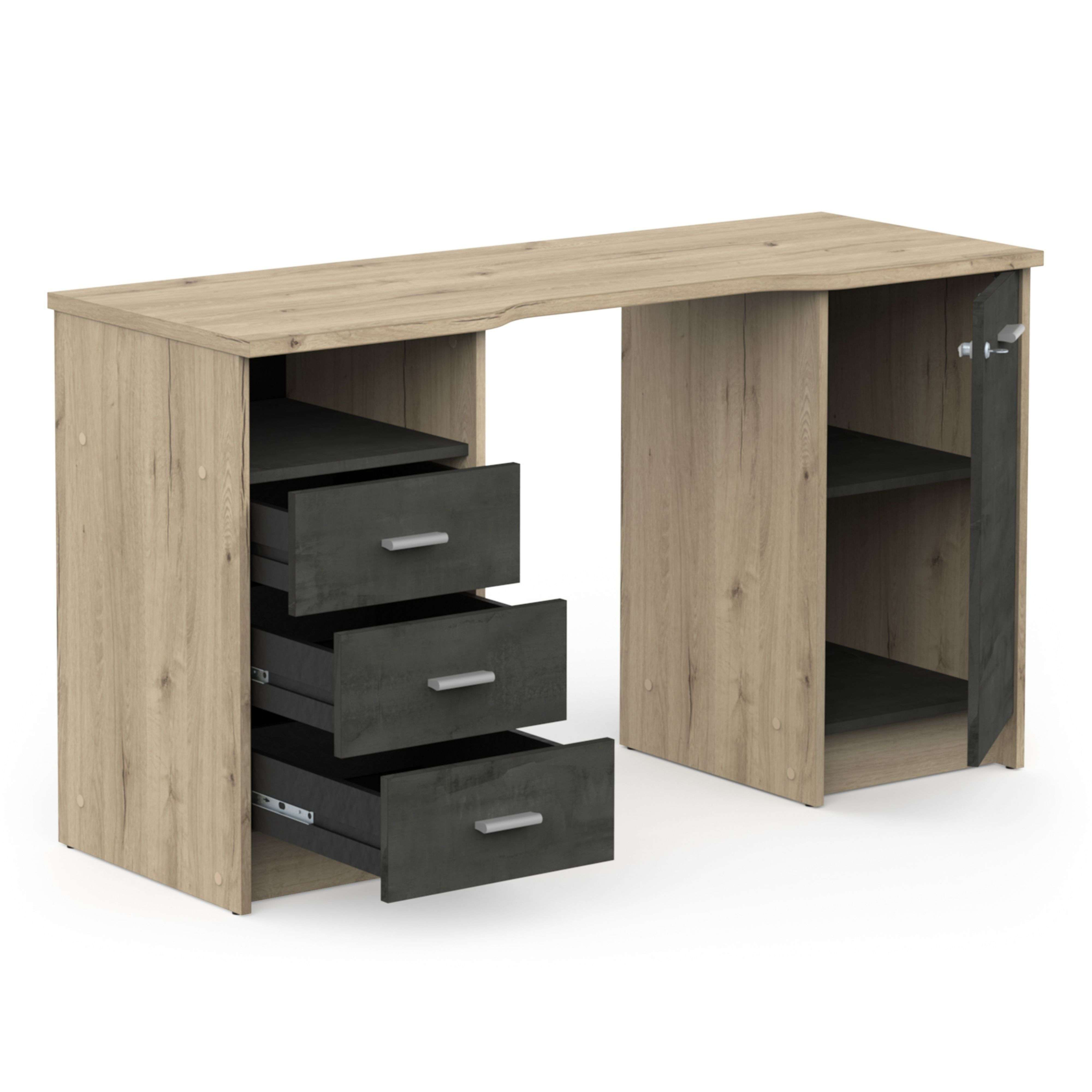 Un escritorio con veta de madera, tres cajones y un compartimento de armario abierto.