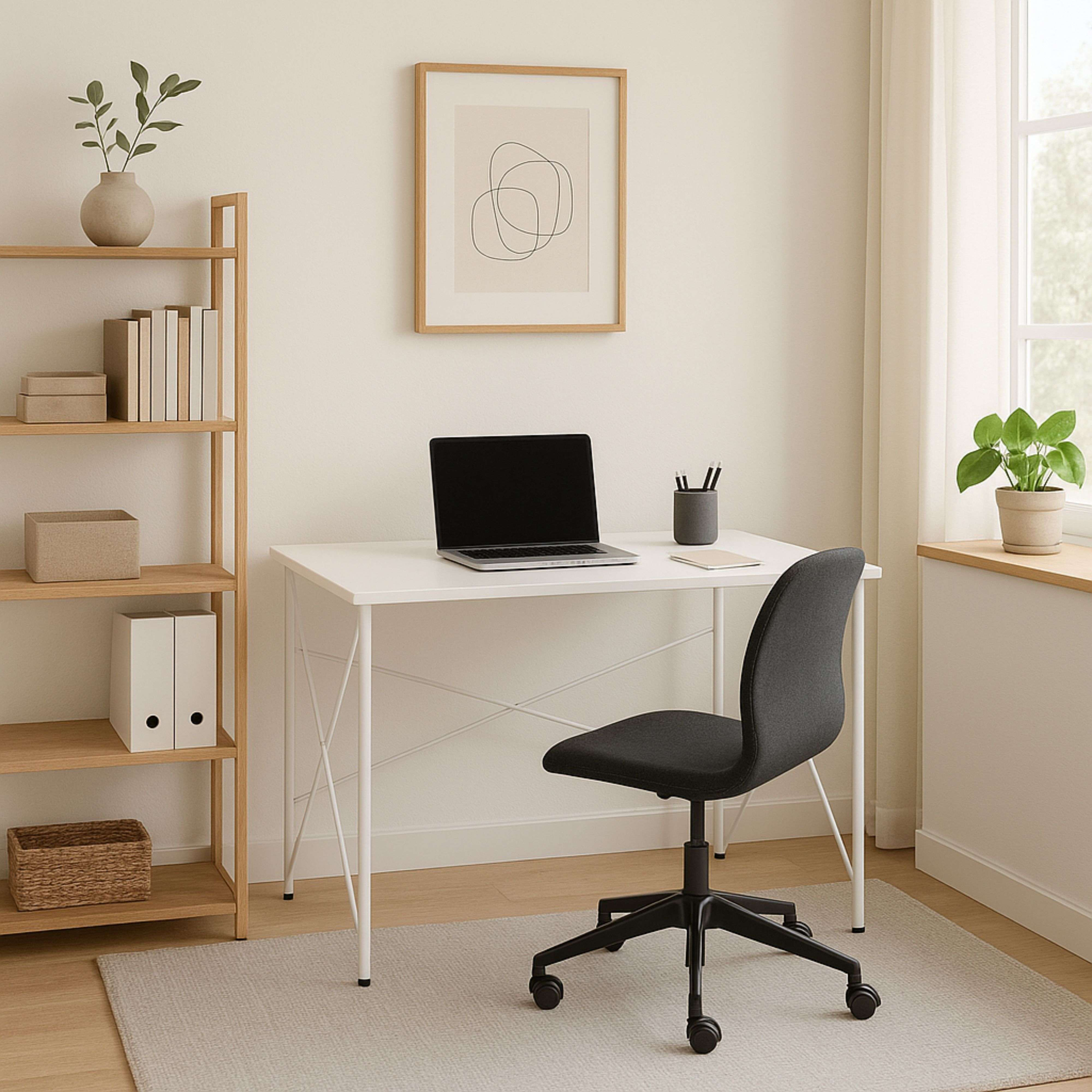 Una habitación luminosa con escritorio, laptop, silla y estantería.