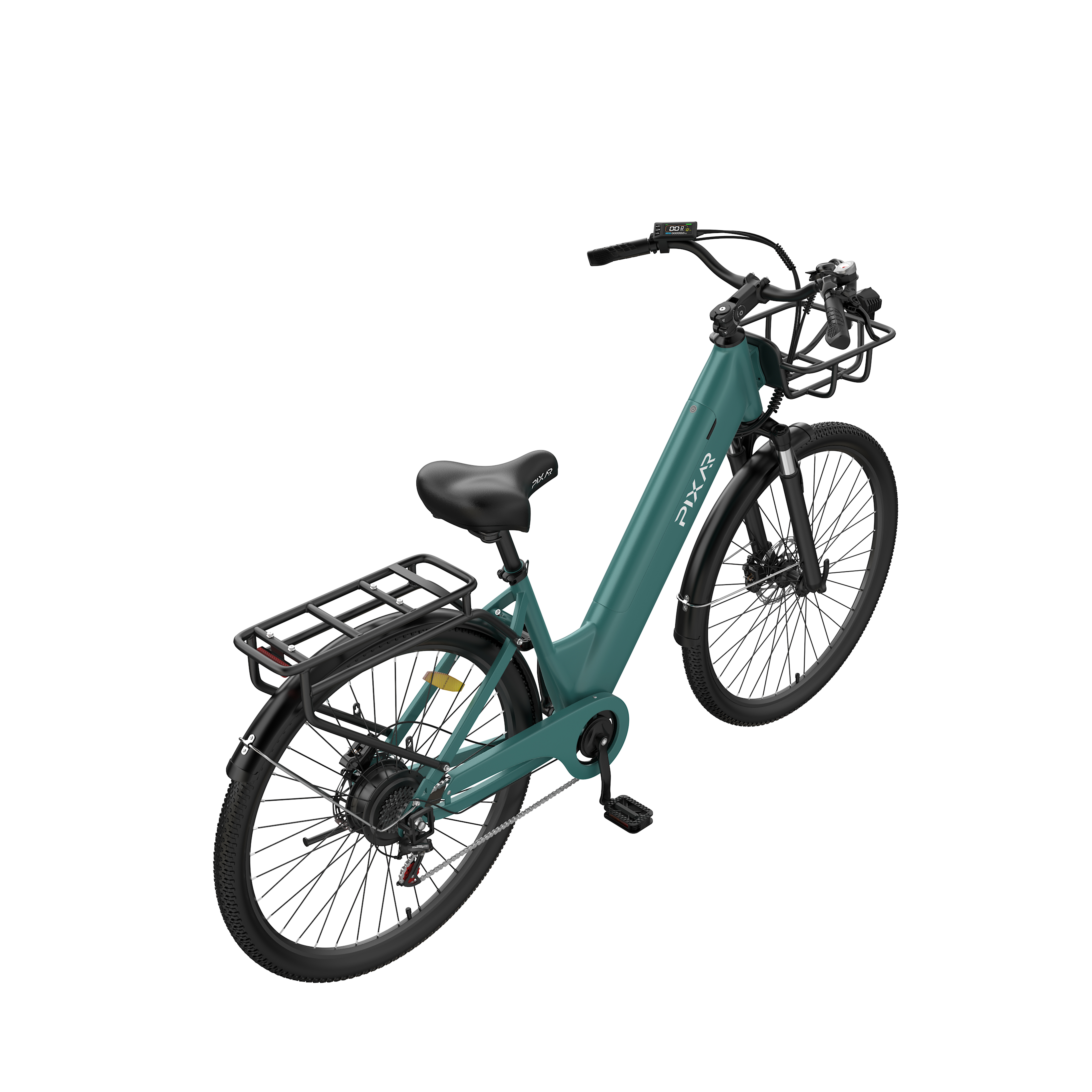 Tealowy rower elektryczny z przednim i tylnym bagażnikiem.