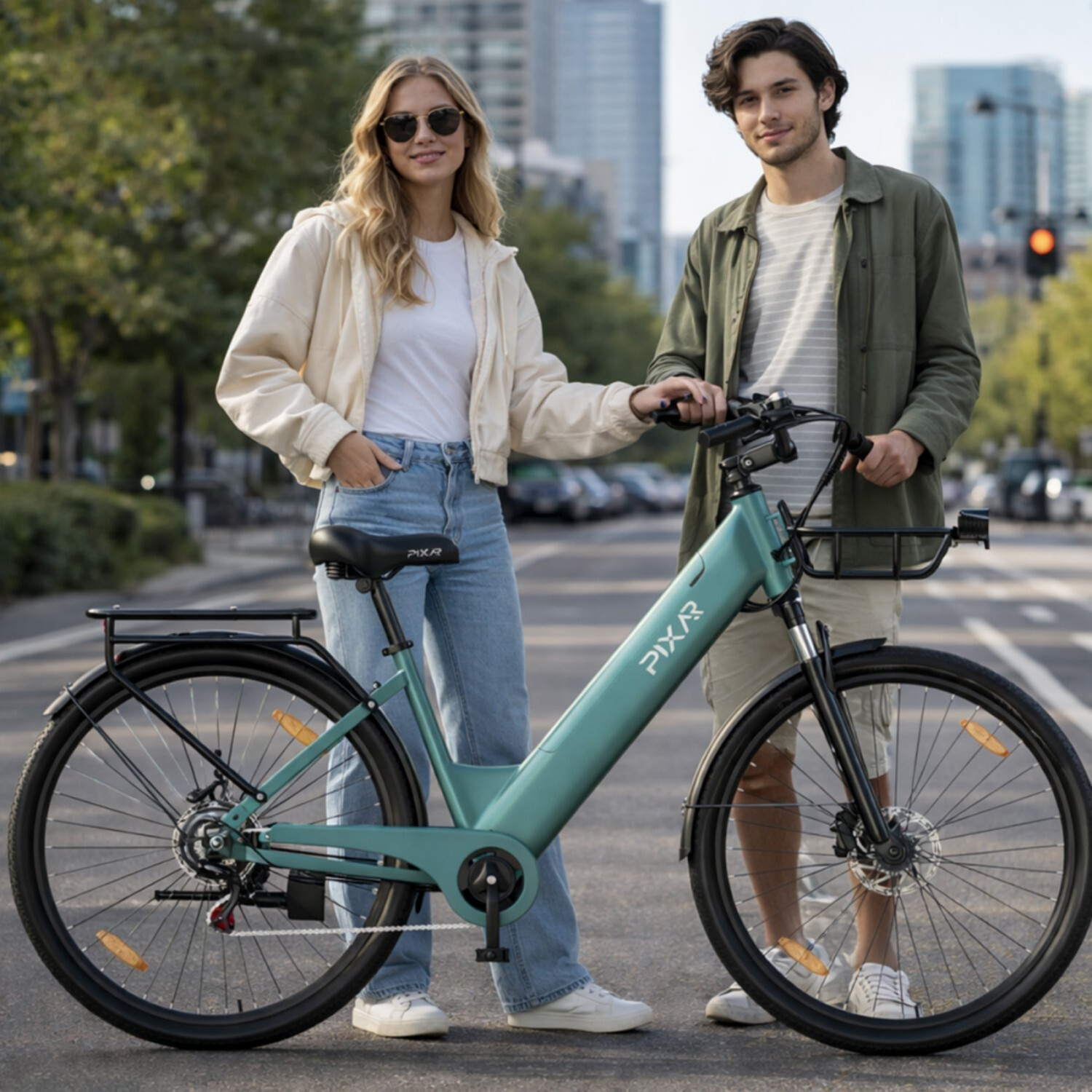 Mężczyzna i kobieta stoją obok turkusowego roweru elektrycznego na miejskiej ulicy.