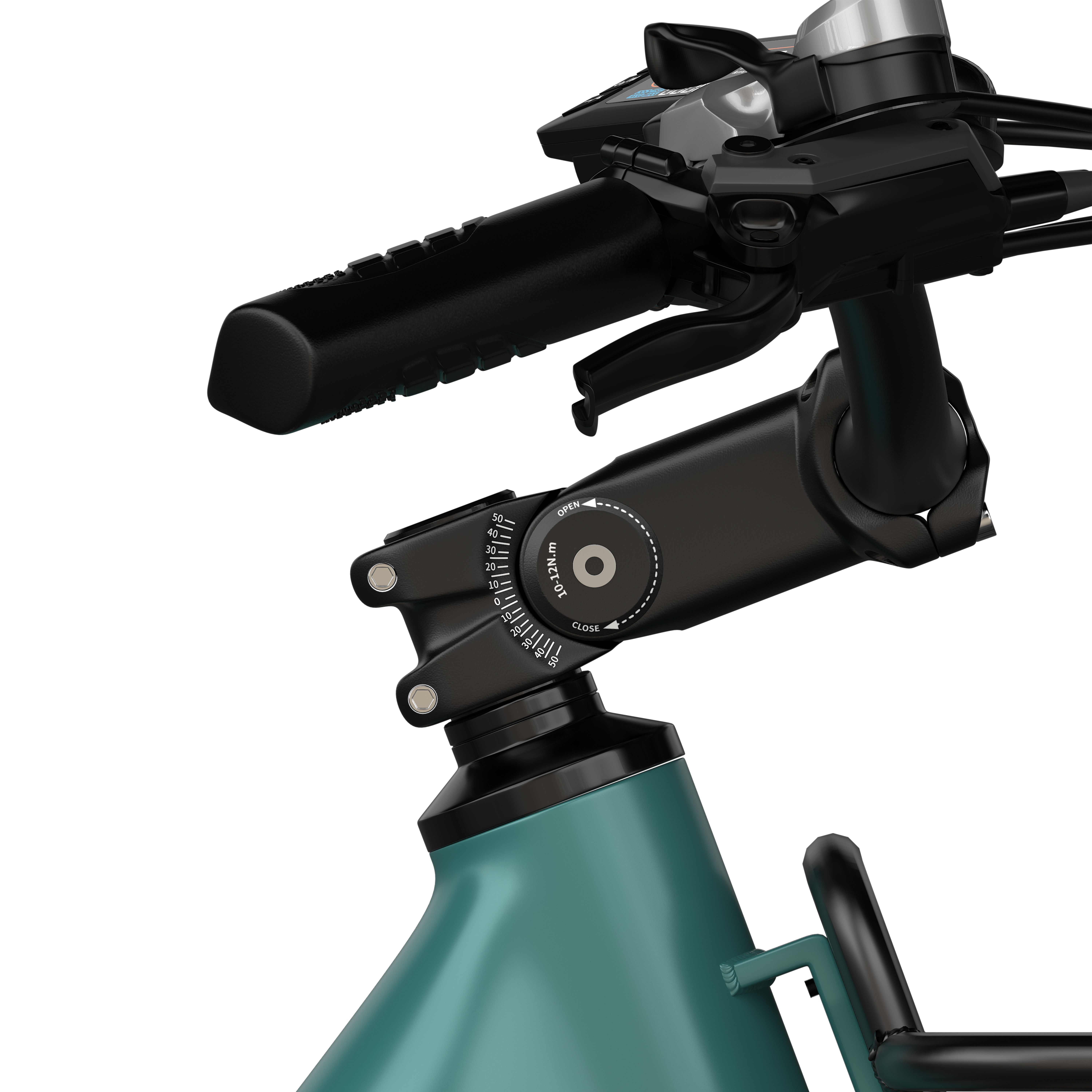 Zbliżenie kierownicy roweru elektrycznego z cyfrowym wyświetlaczem i regulowanym mostkiem.