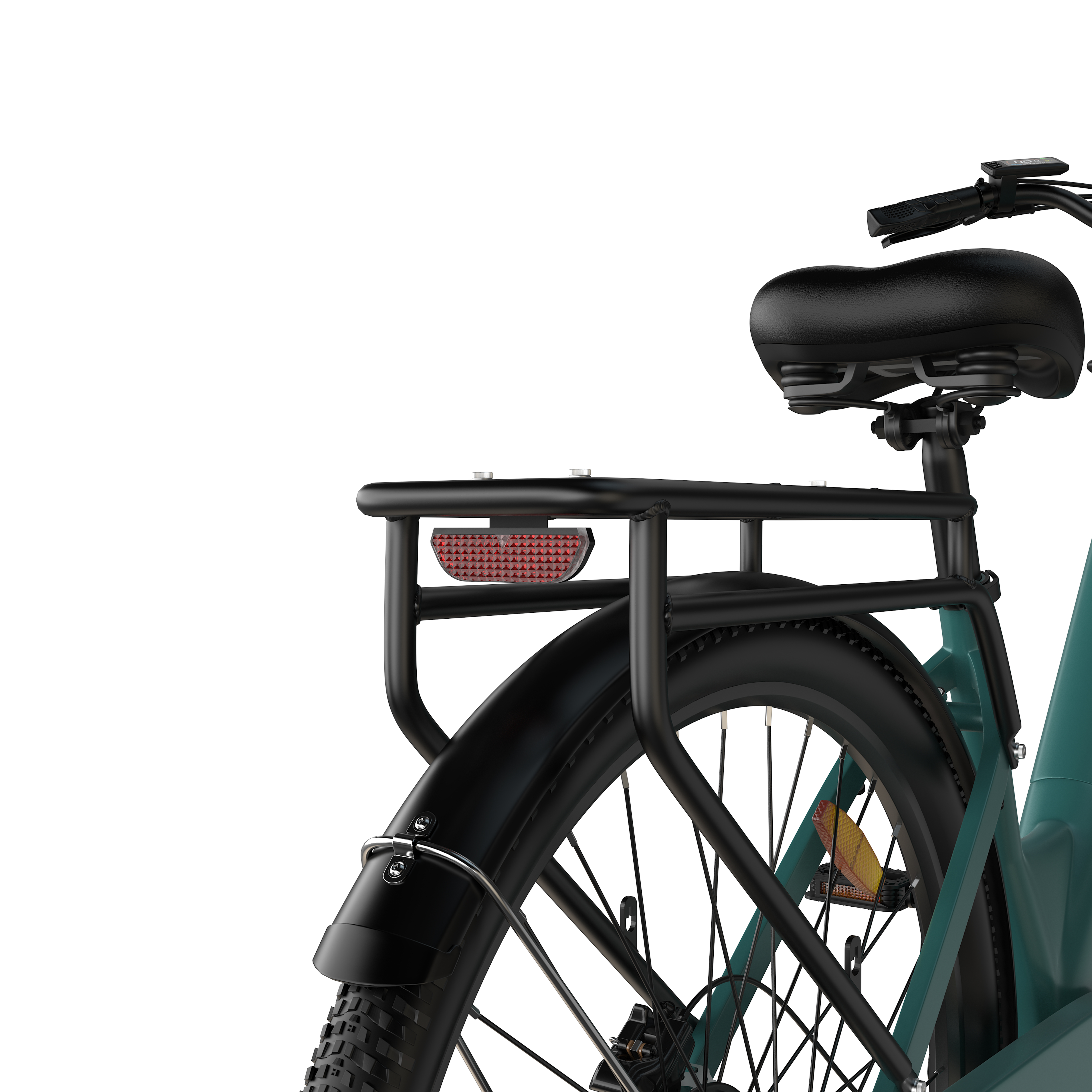 Widok z tyłu ciemnozielonego roweru z czarnym bagażnikiem i światłem tylnym.