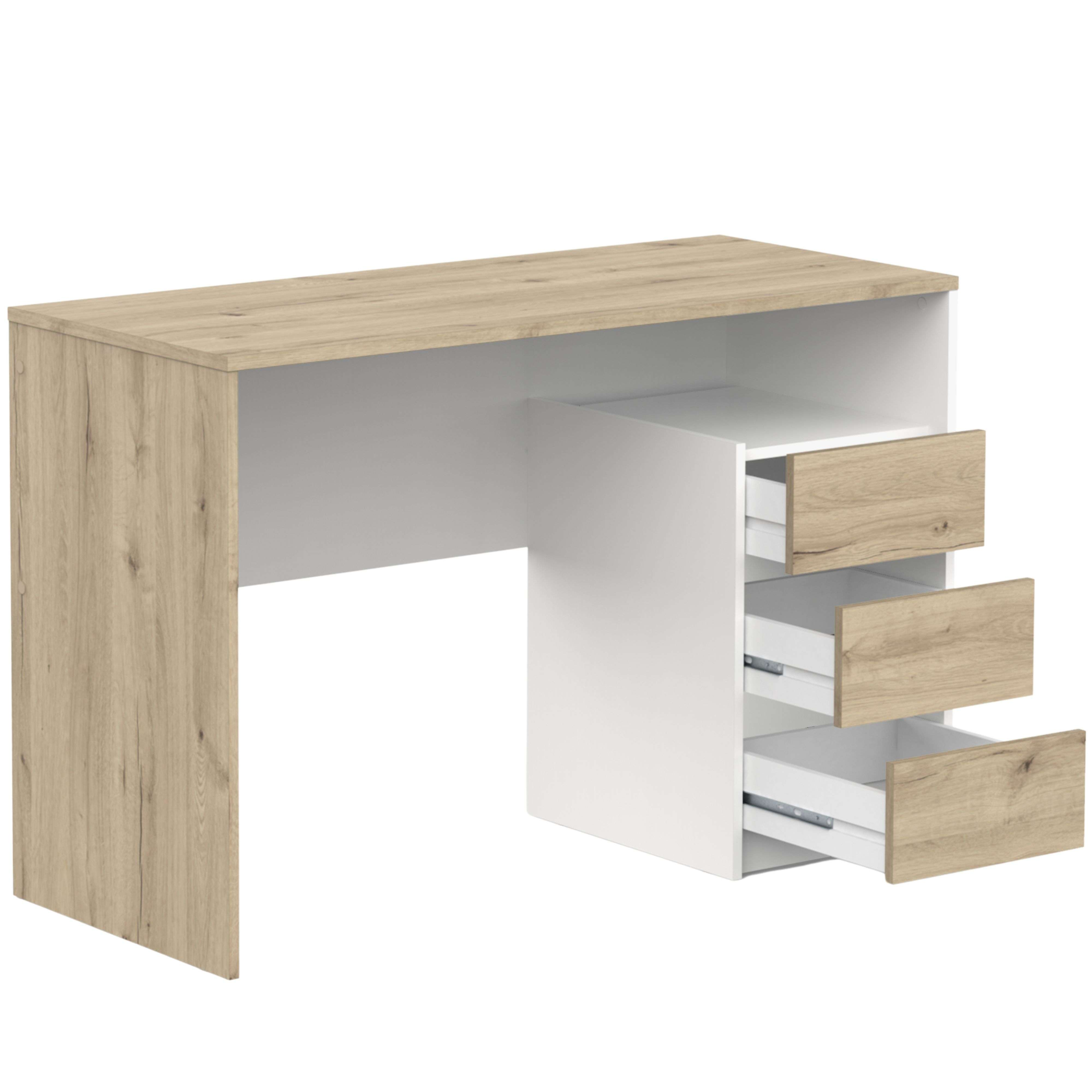 Escritorio moderno con acabado en madera y cajones blancos, parcialmente abiertos.