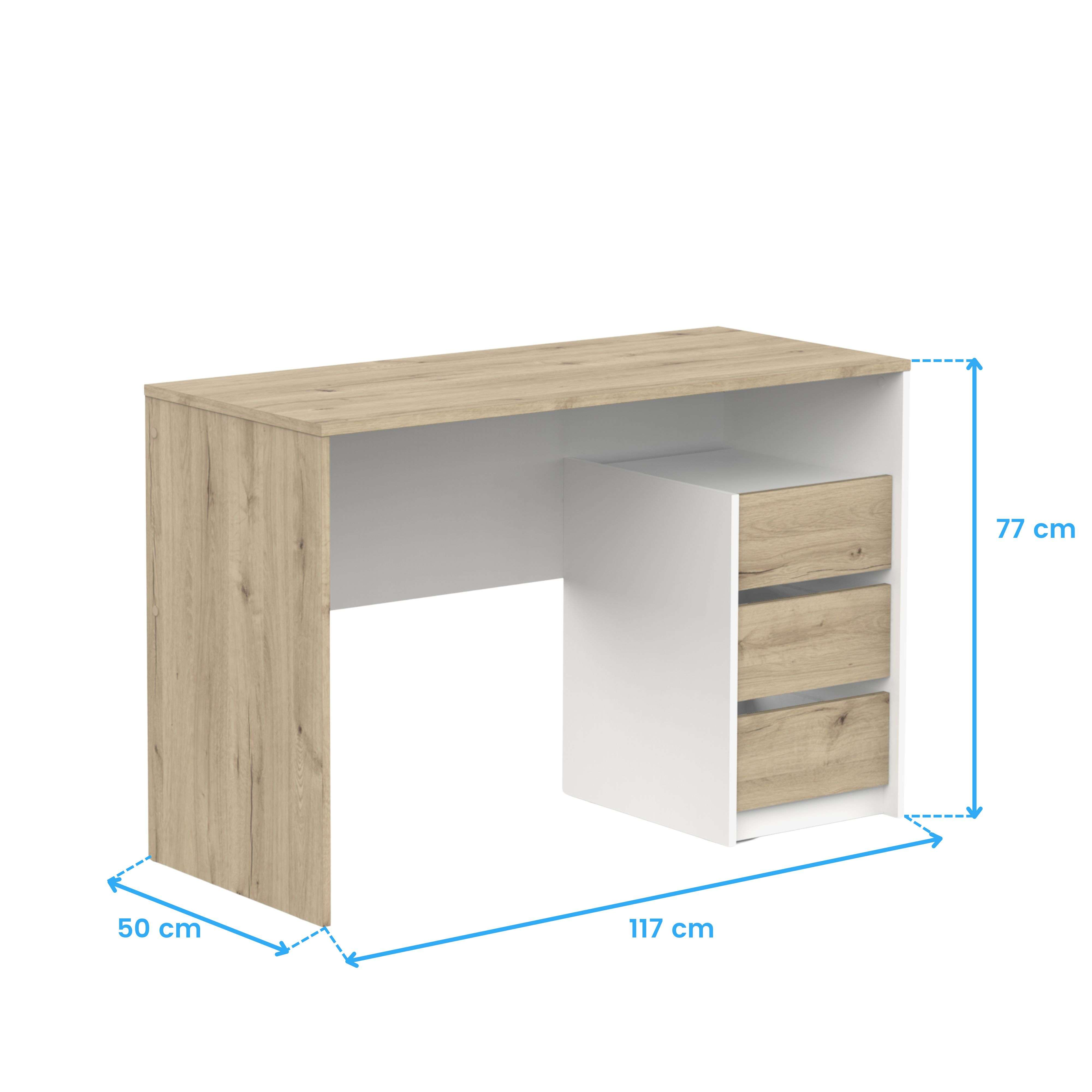 Un escritorio moderno con tablero de chapa de madera y cajones blancos.