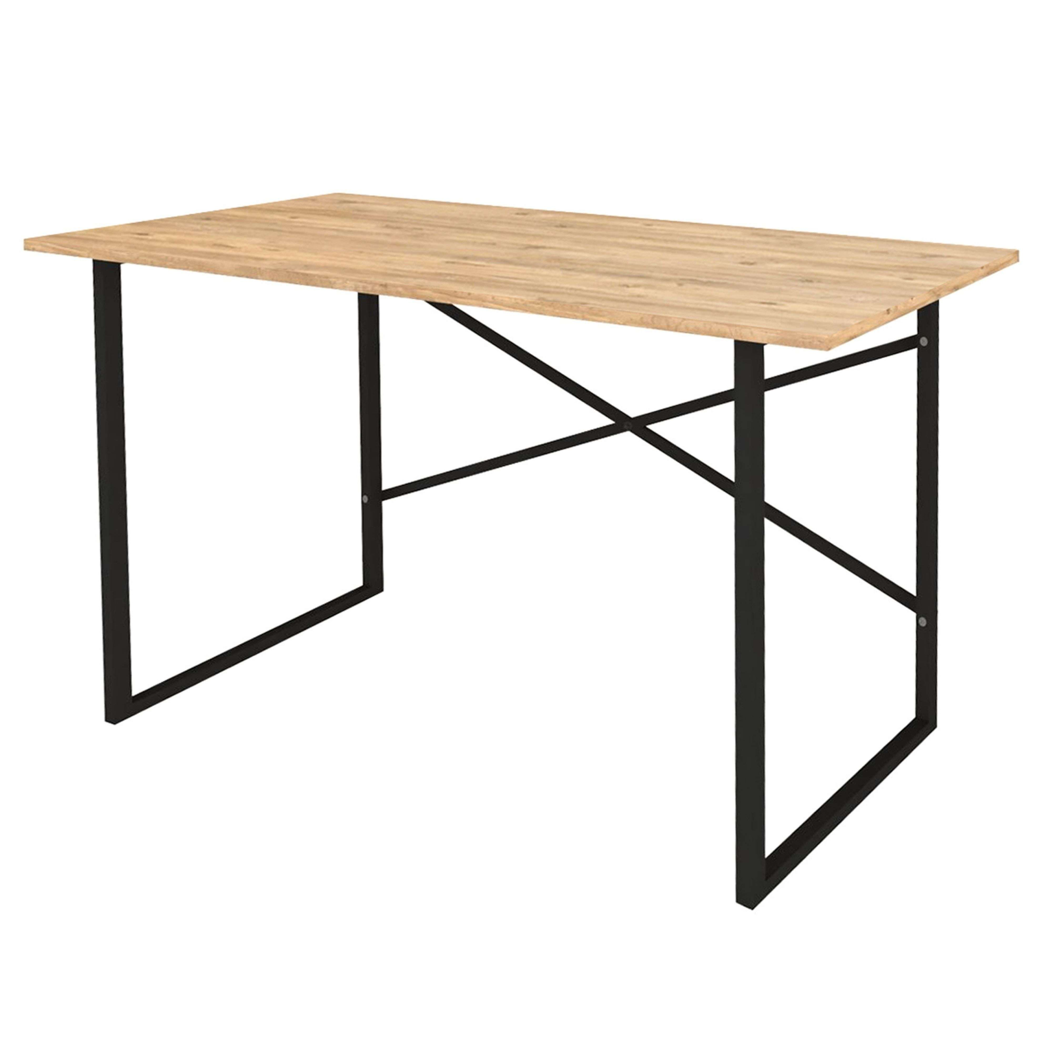 Mesa de madera con patas de metal negro y barras cruzadas.