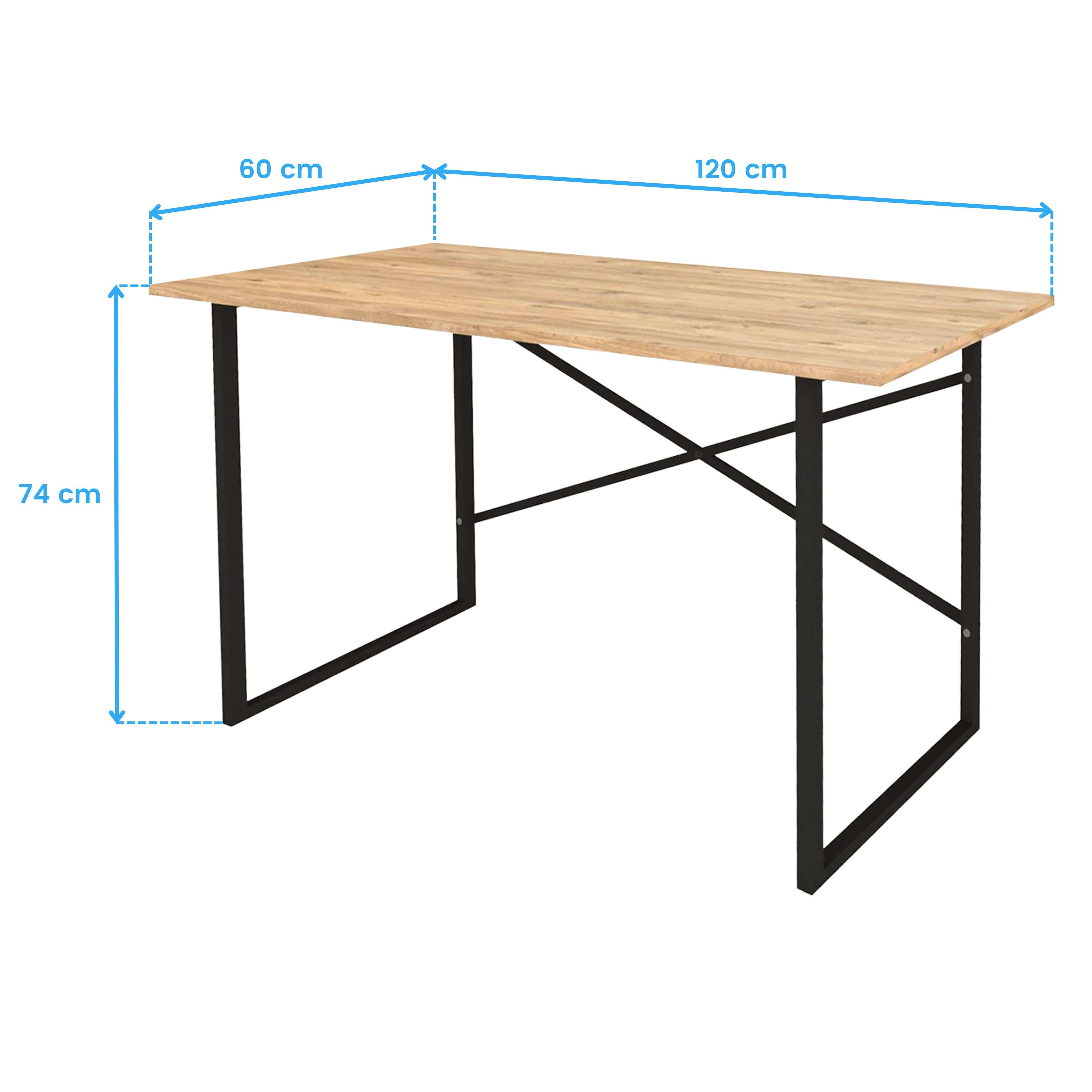 Mesa de madera con patas de metal negro, L: 120cm, An: 60cm, Al: 74cm.