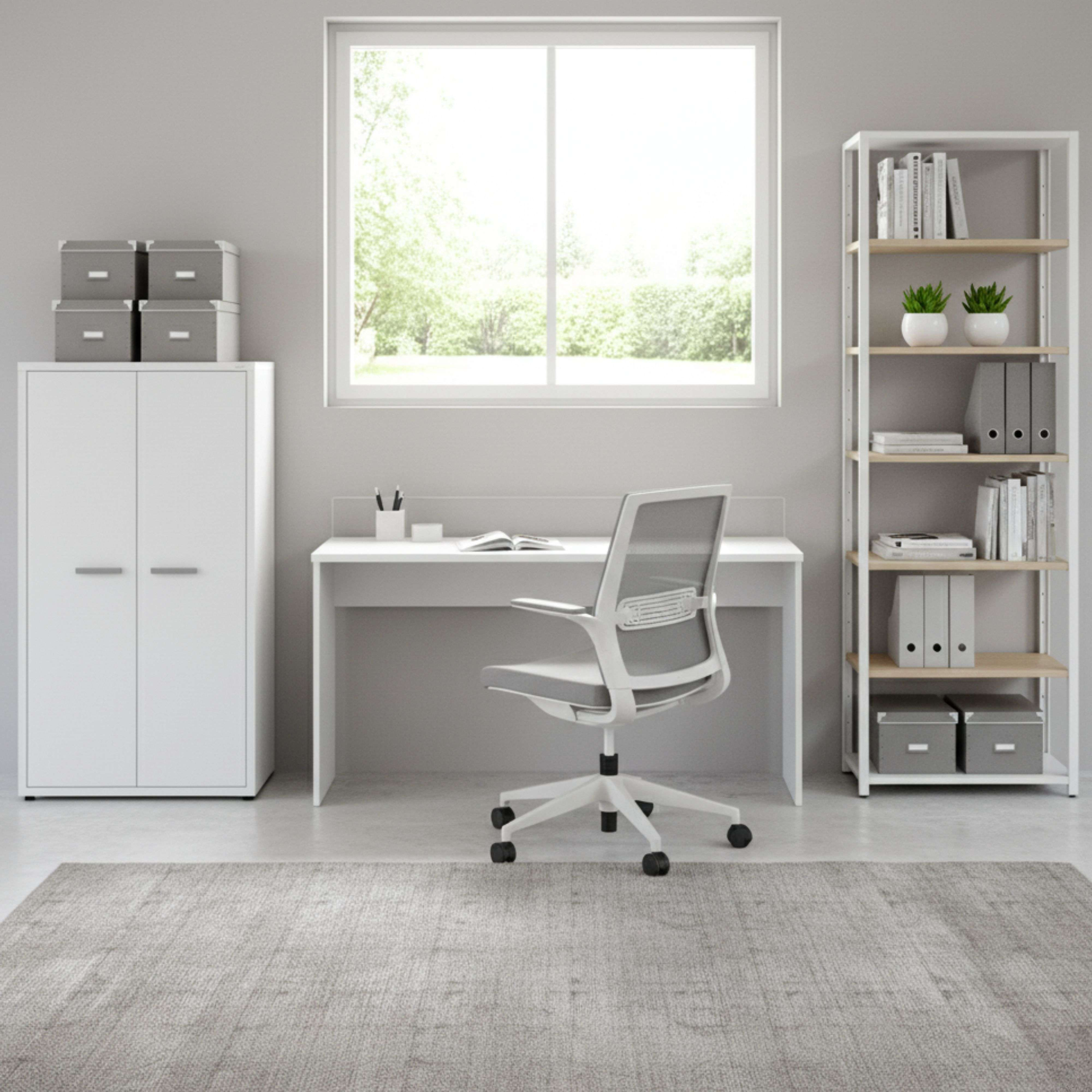 Una oficina luminosa con escritorio, silla, estantería y ventana.