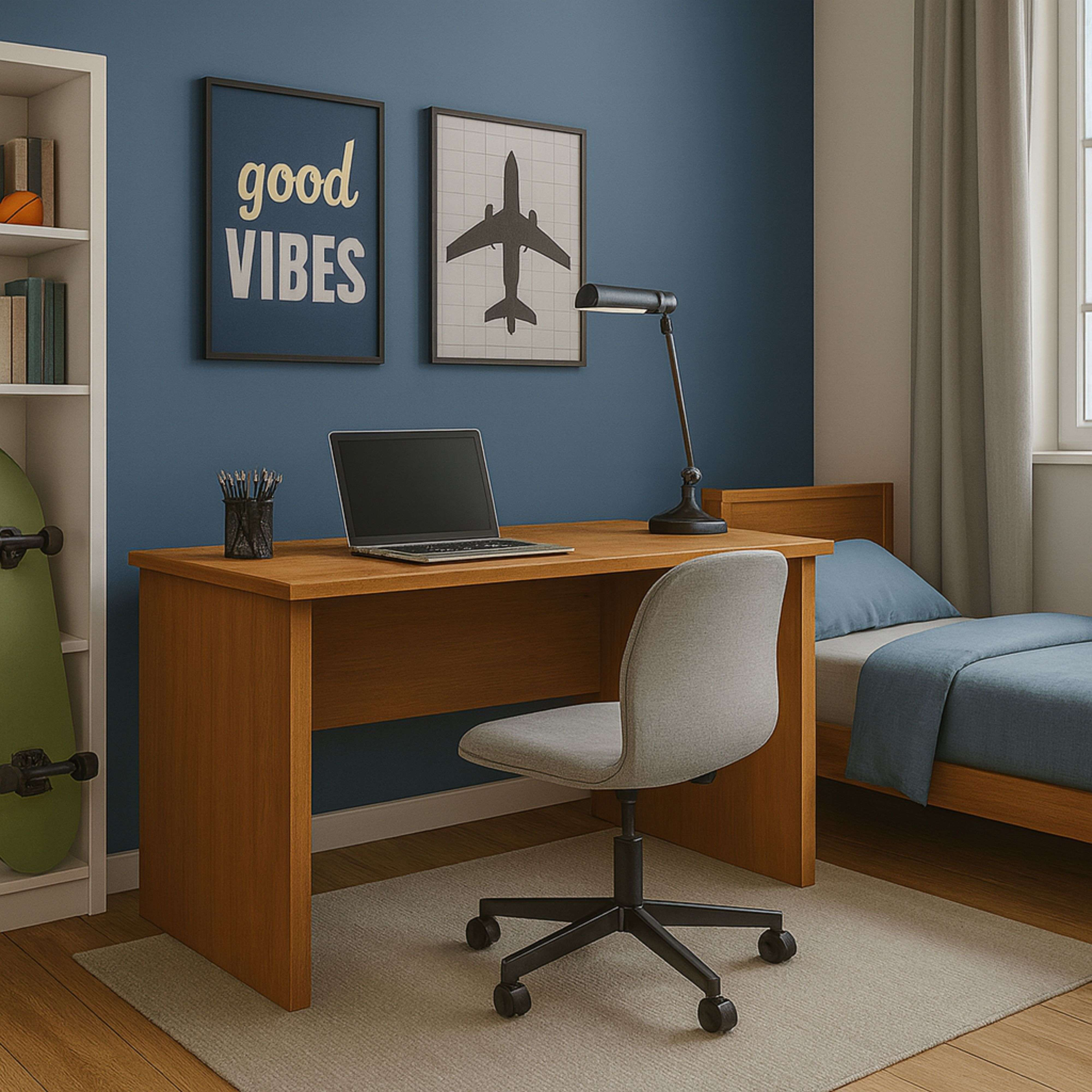 Un escritorio con laptop, silla y cama en un dormitorio.
