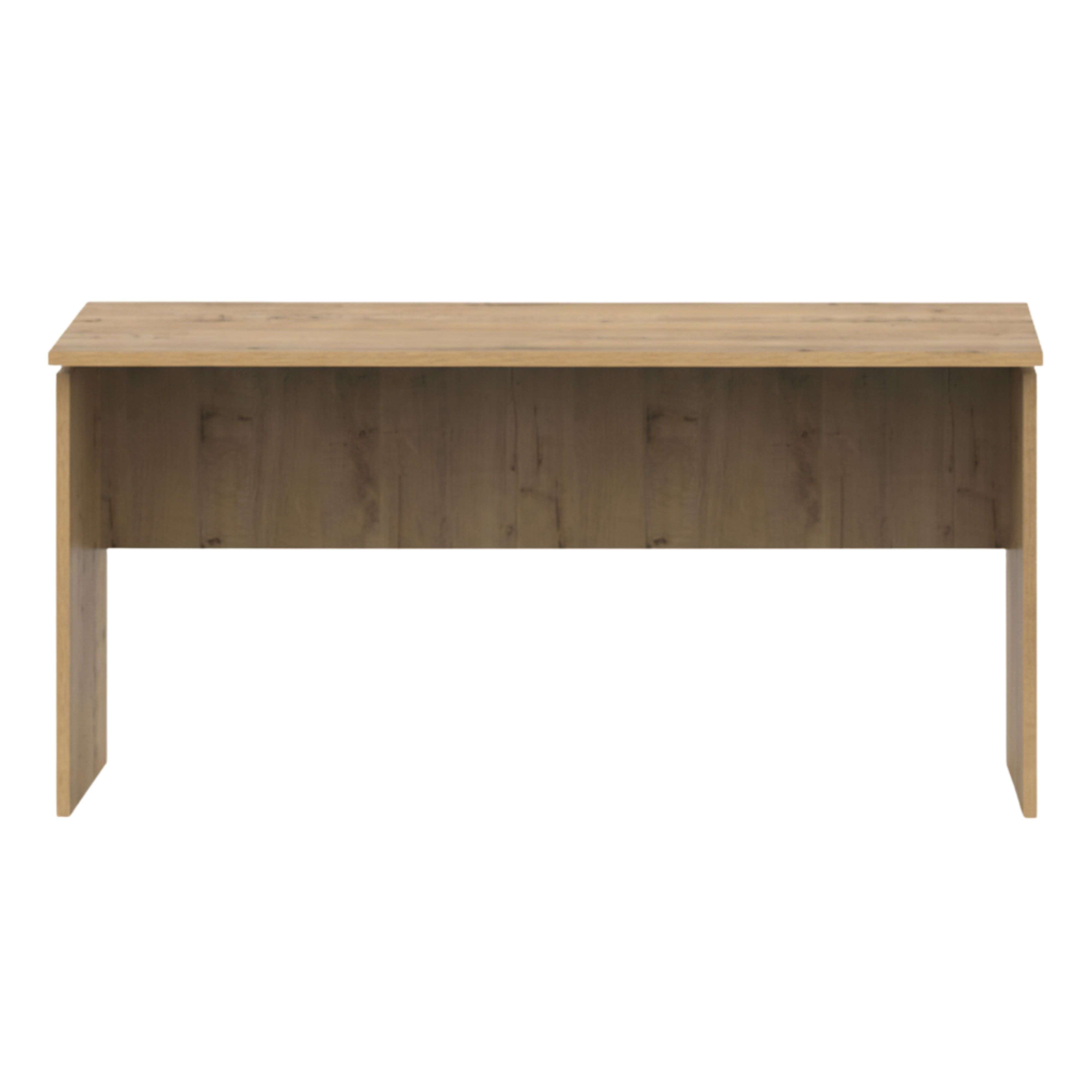 Un escritorio simple de madera marrón claro con una superficie y dos patas.