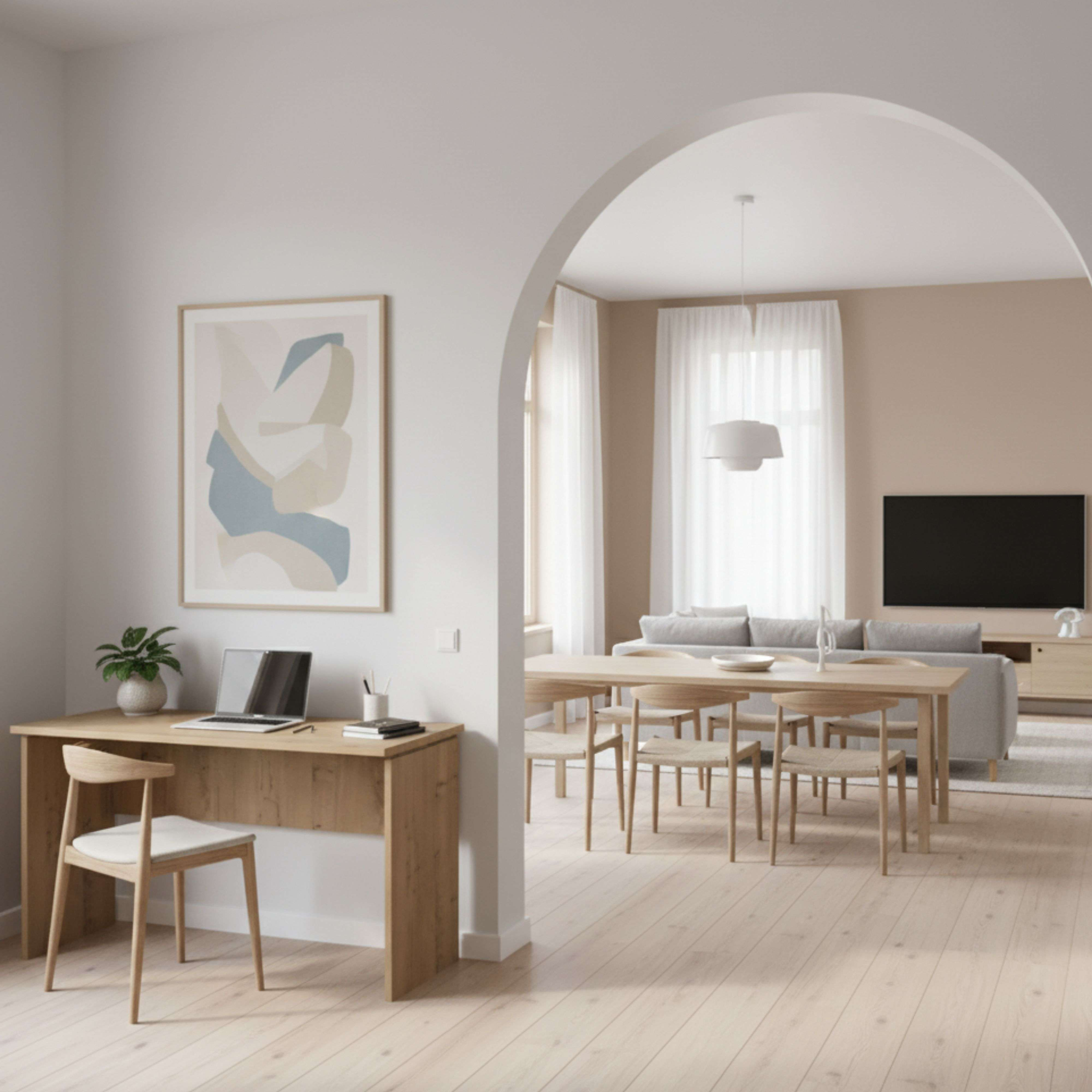 Espacio de estar luminoso con comedor y zona de trabajo. Muebles claros, suelo de madera.