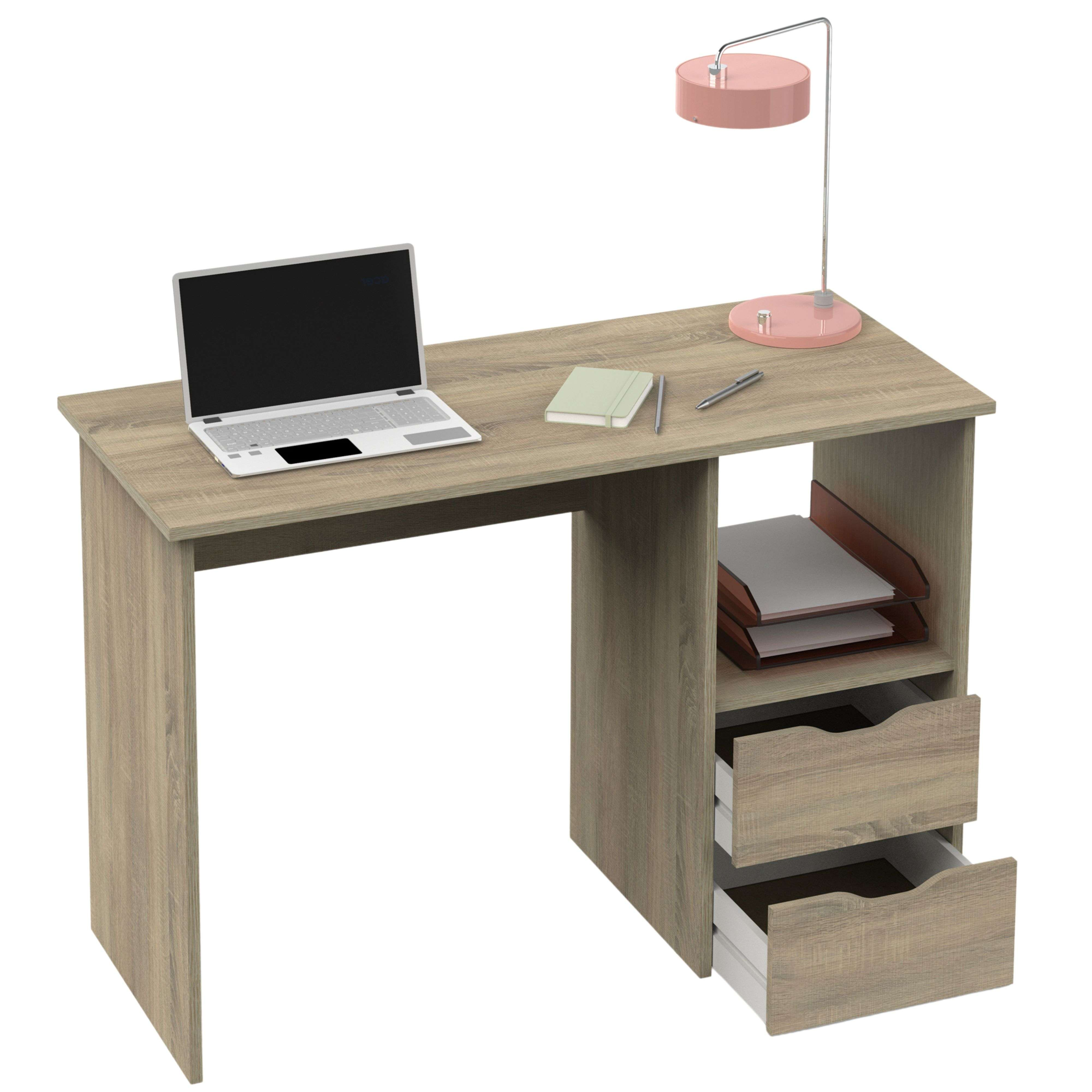 Un escritorio de madera con portátil, cuaderno, bolígrafo y lámpara rosa.