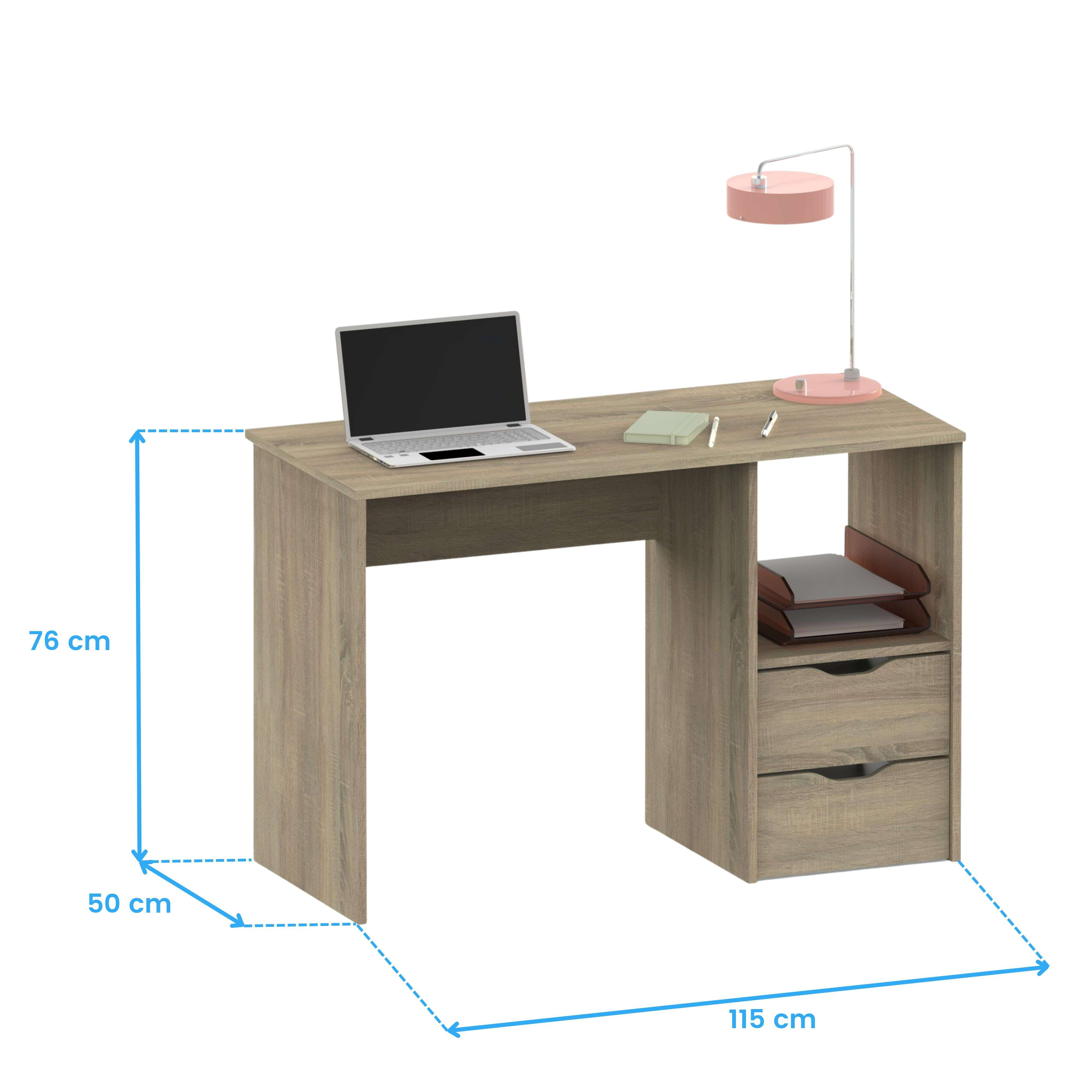 Un escritorio de madera con portátil, libro, bolígrafo y lámpara. Dimensiones: 76x115x50cm.