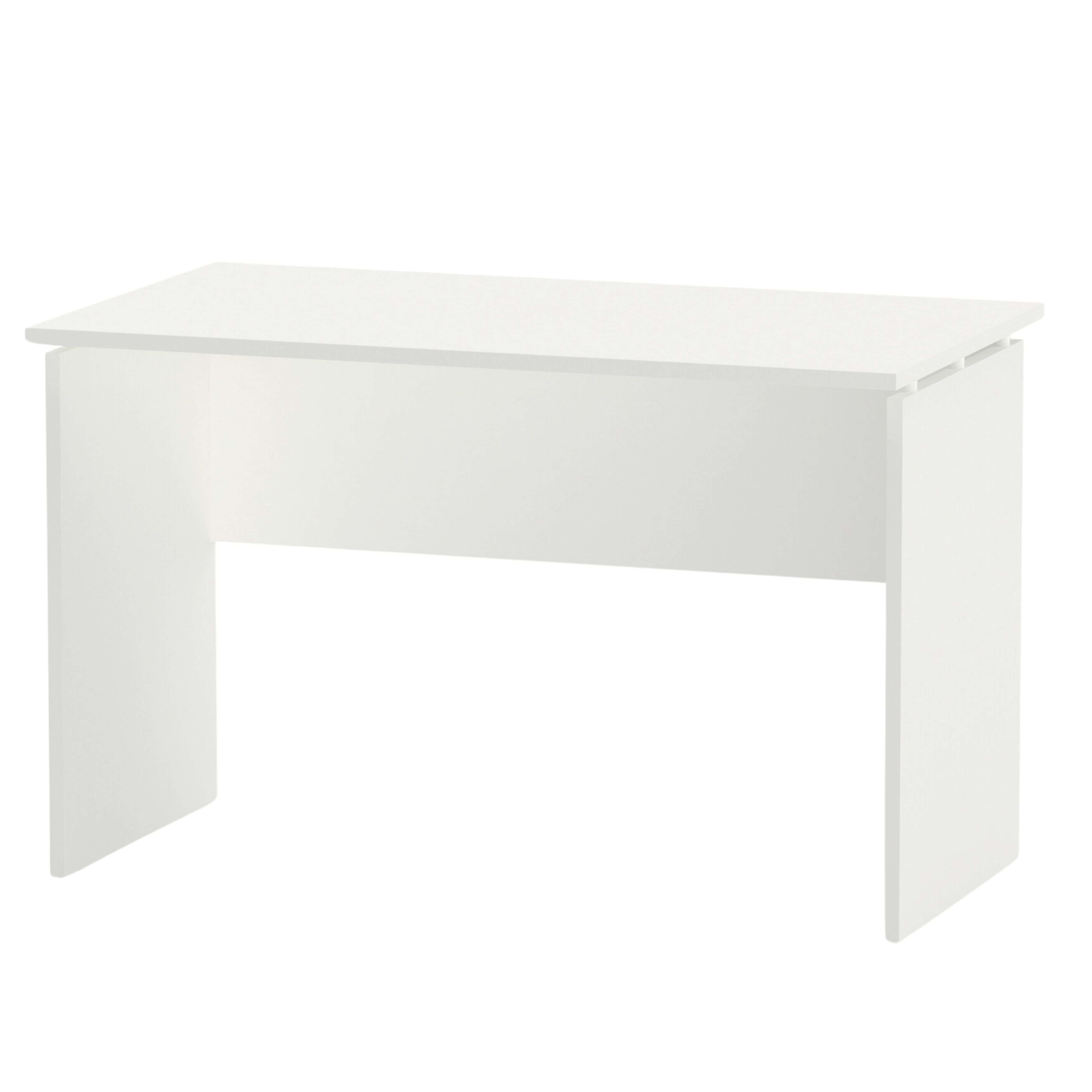 Un escritorio blanco con tablero rectangular y dos patas.