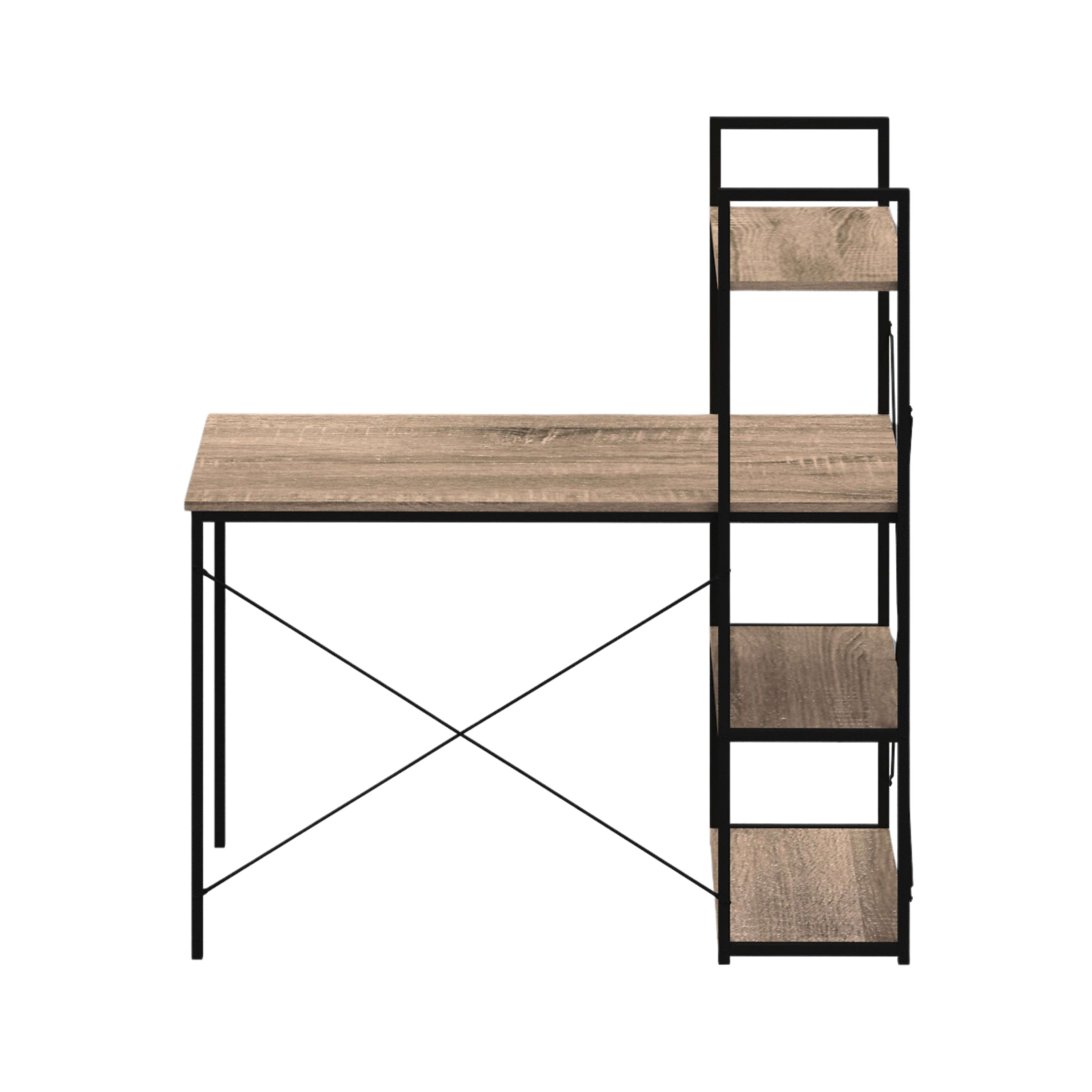 Escritorio con tablero de madera y estructura de metal negro, con estantería integrada.