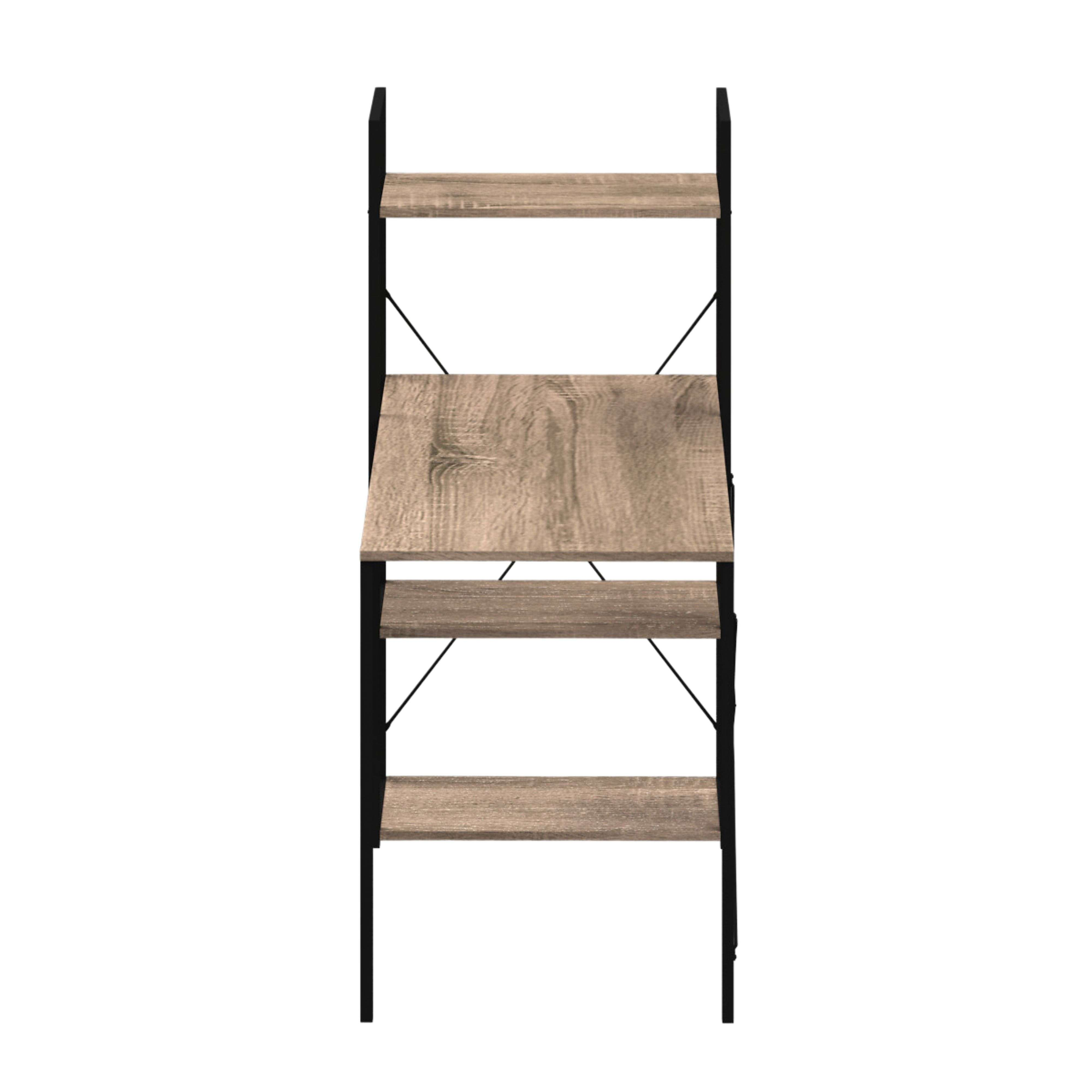 Un estante simple con cuatro estantes de madera y marco de metal negro.