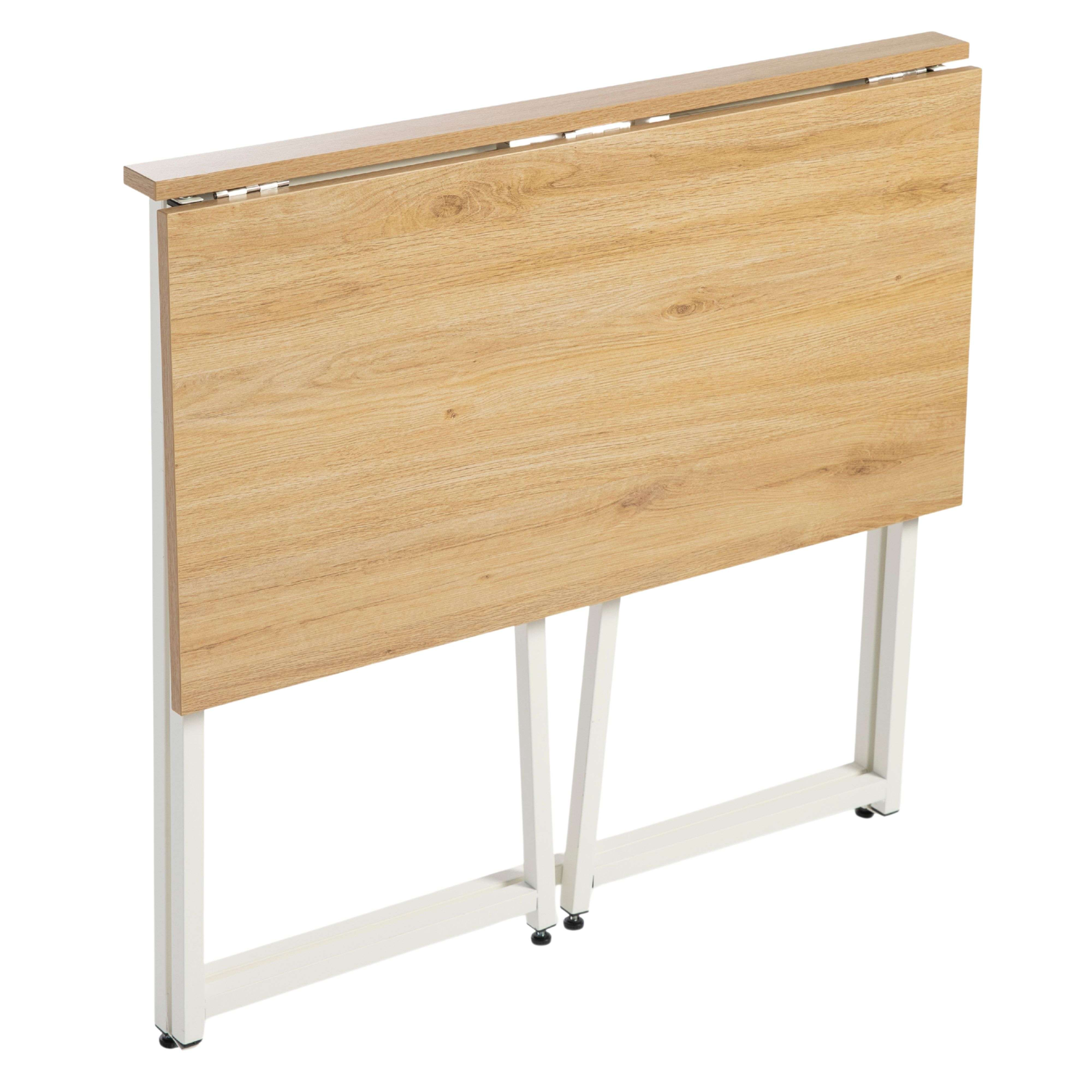 Una mesa plegable de madera con estructura de metal blanco sobre fondo blanco.