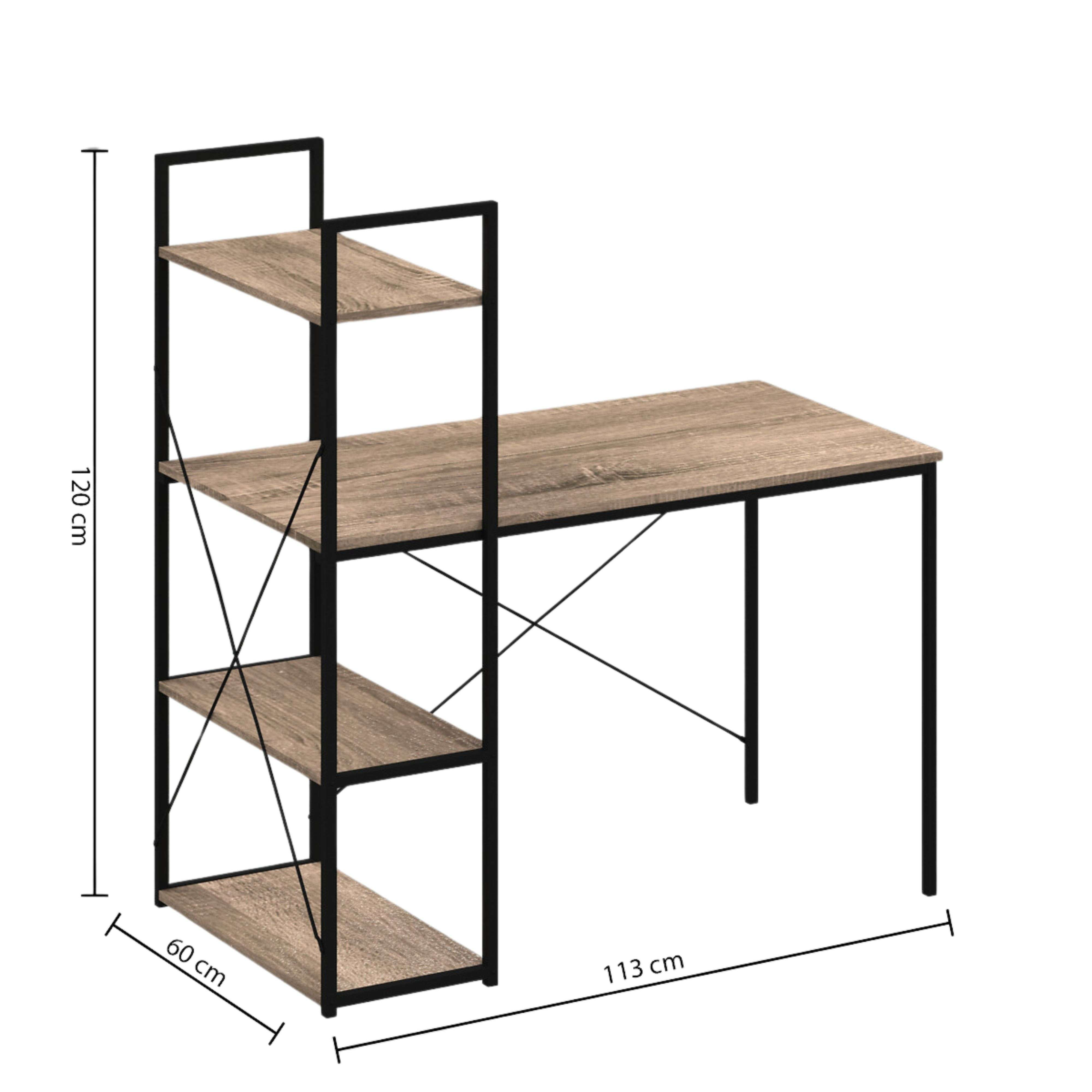 Escritorio con estantería: acabado madera, marco metal negro, 113x60x120 cm.